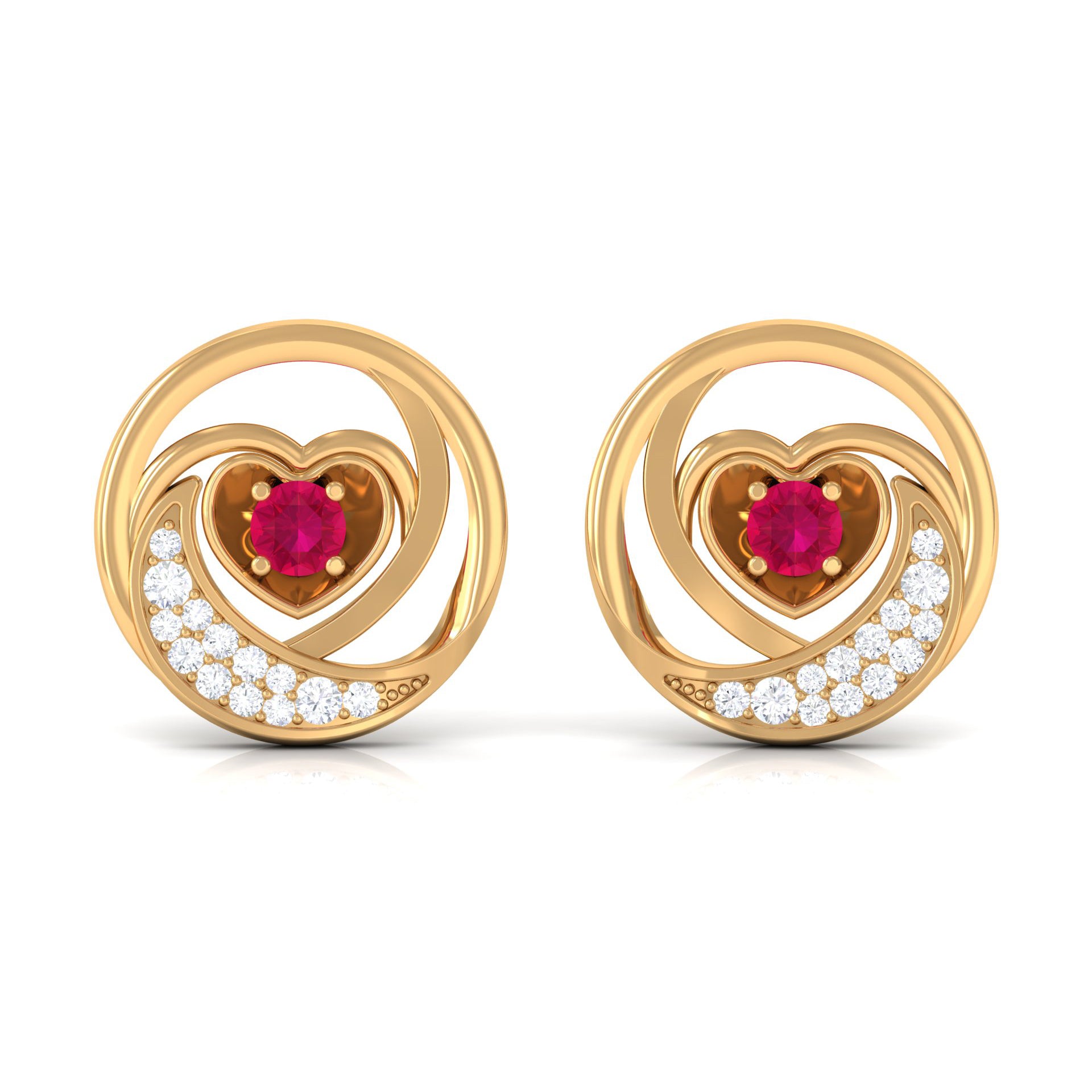 Genuine Ruby and Diamond Minimal Heart Stud Earrings Ruby - ( AAA ) - Quality - Rosec Jewels