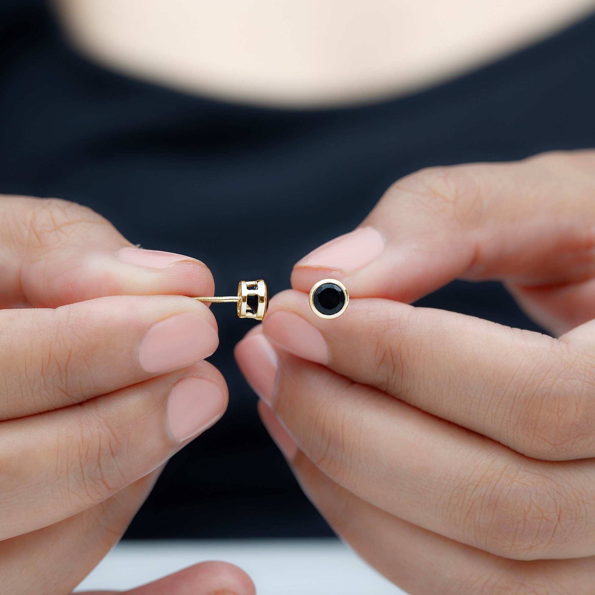 Black Onyx Solitaire Stud Earrings in Bezel Setting Black Onyx - ( AAA ) - Quality - Rosec Jewels