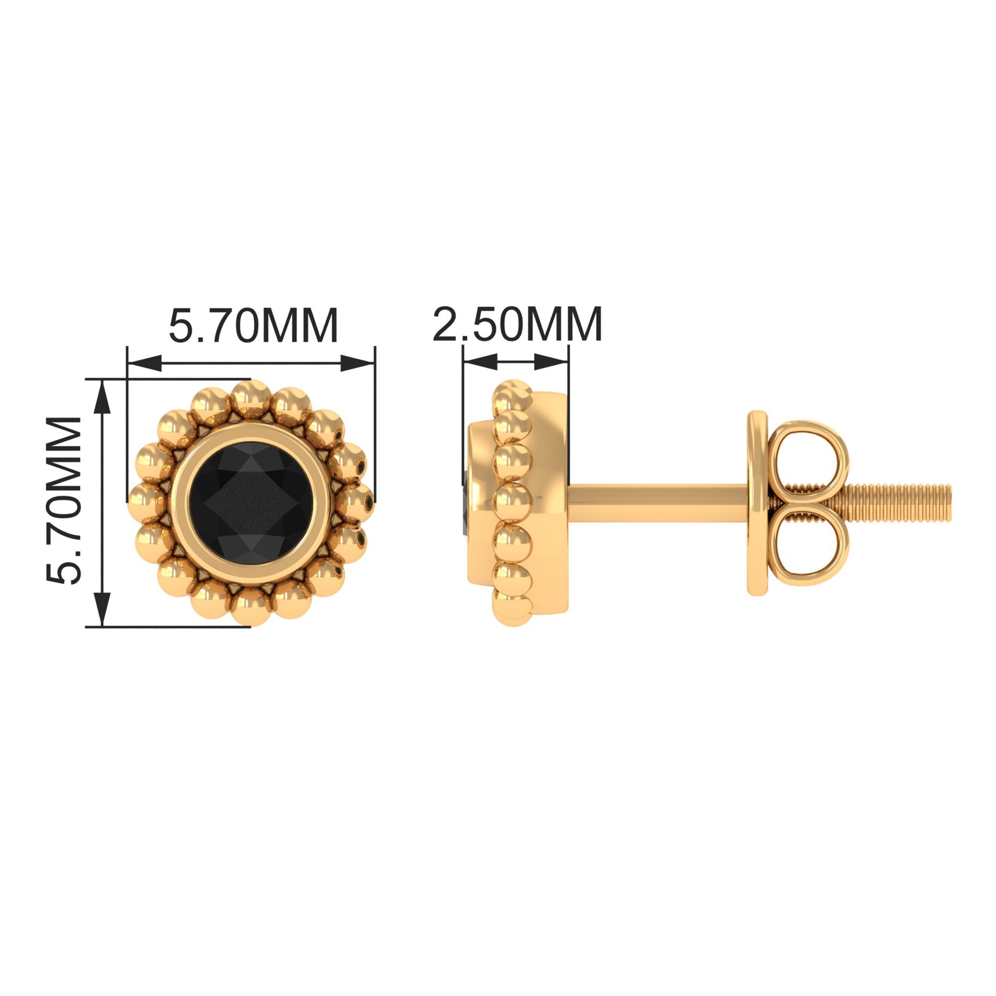 Bezel Set Black Spinel Stud Earrings with Beaded Gold Black Spinel - ( AAA ) - Quality - Rosec Jewels