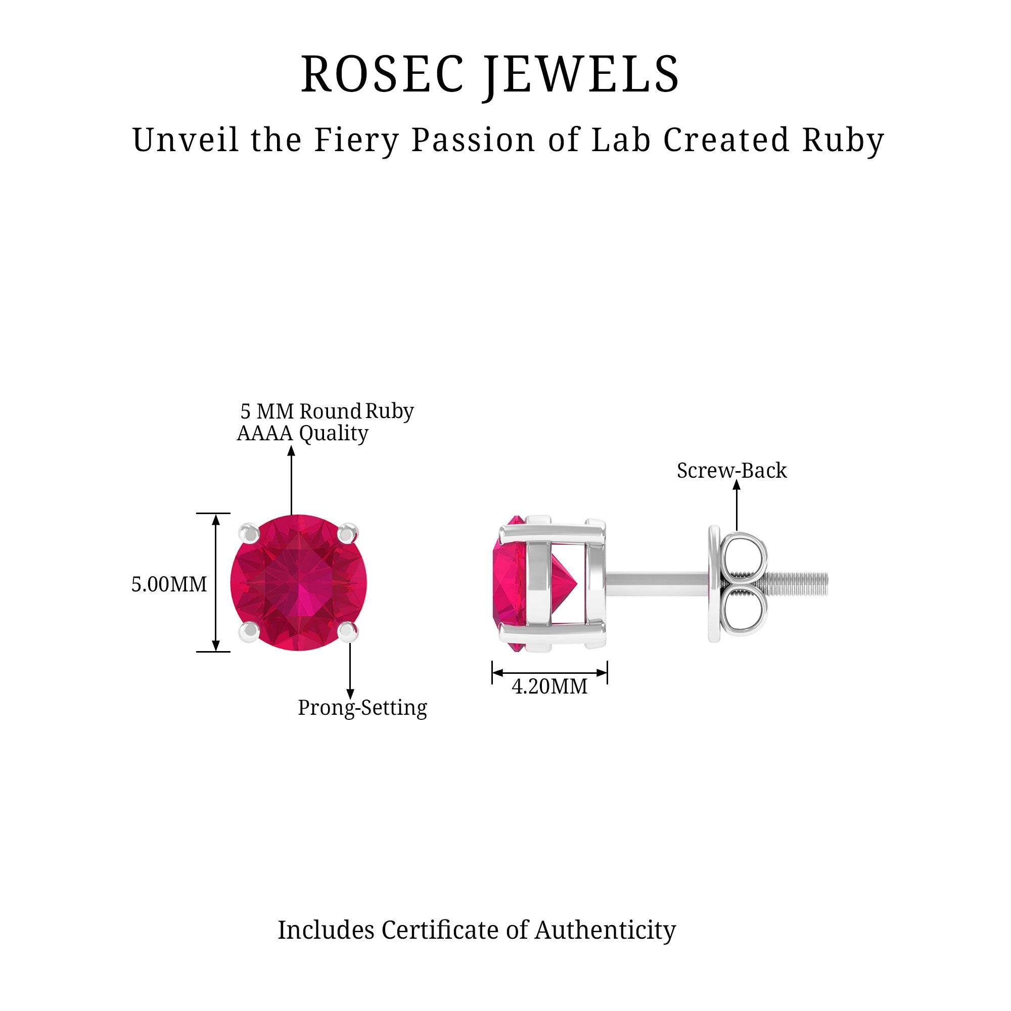 Round Shape Lab Grown Ruby Solitaire Stud Earrings Lab Created Ruby - ( AAAA ) - Quality - Rosec Jewels