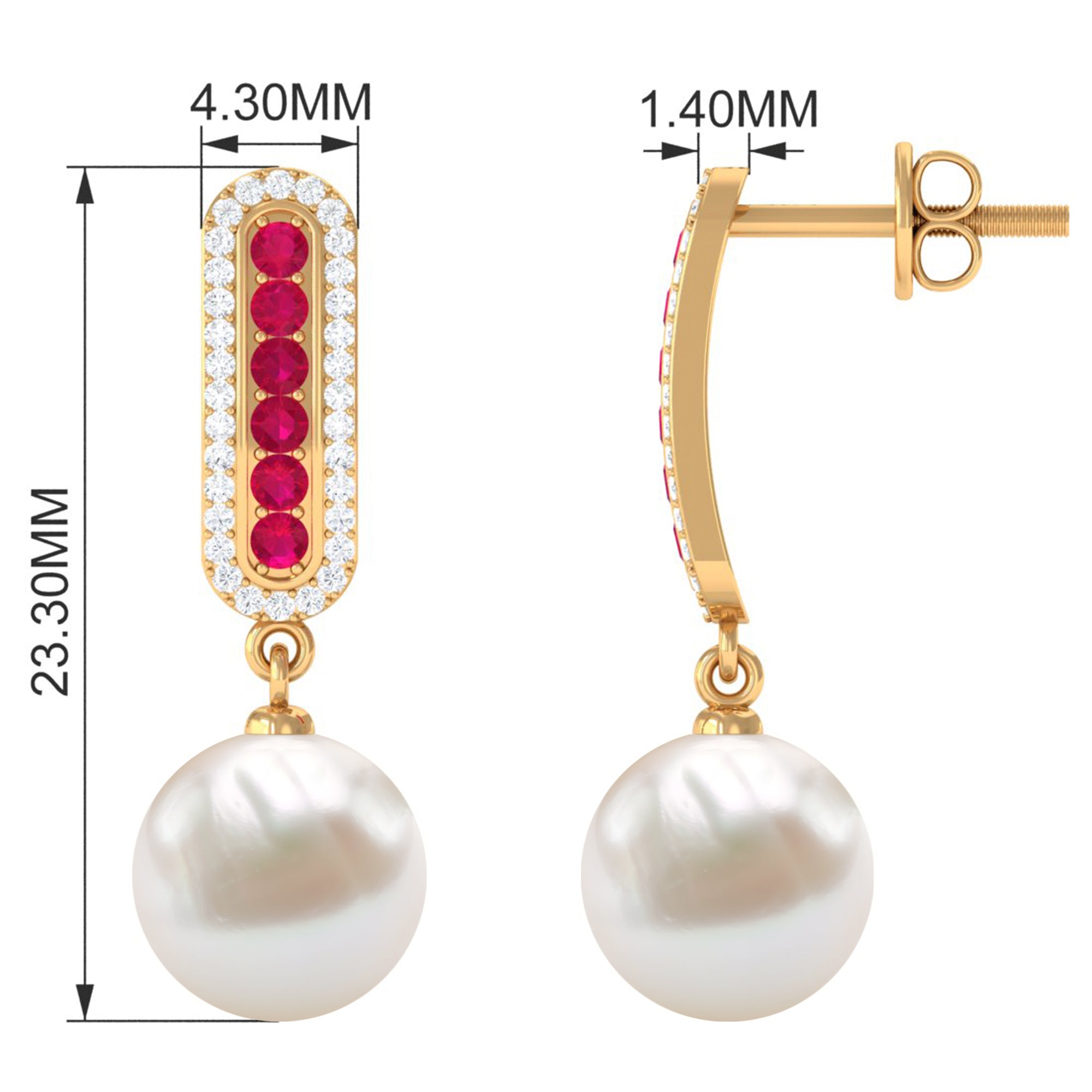 15.50 CT Freshwater Pearl Drop Earrings with Ruby and Moissanite Freshwater Pearl - ( AAA ) - Quality - Rosec Jewels