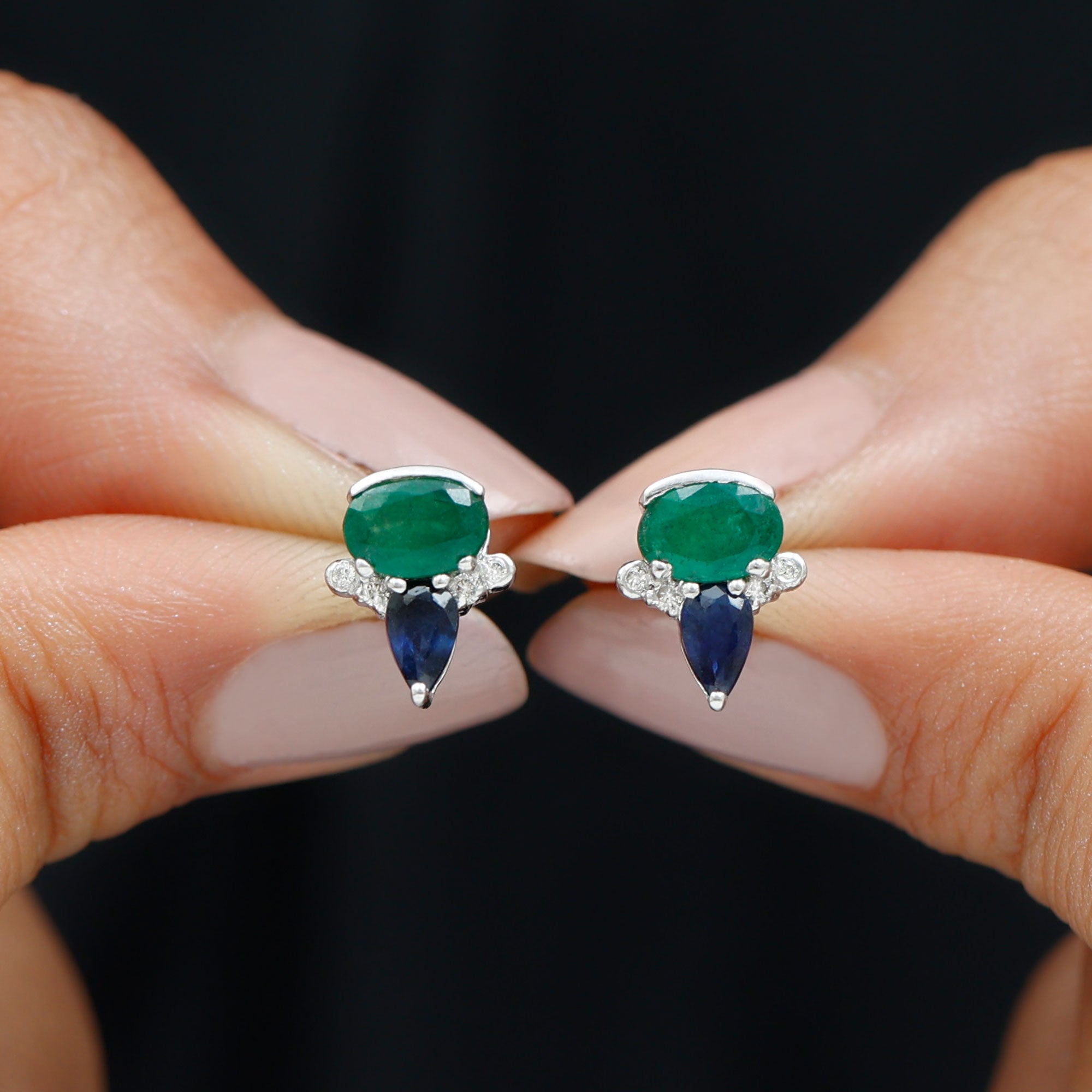 1.50 CT Blue Sapphire and Emerald Antique Stud Earrings with Diamond Accent Blue Sapphire - ( AAA ) - Quality - Rosec Jewels