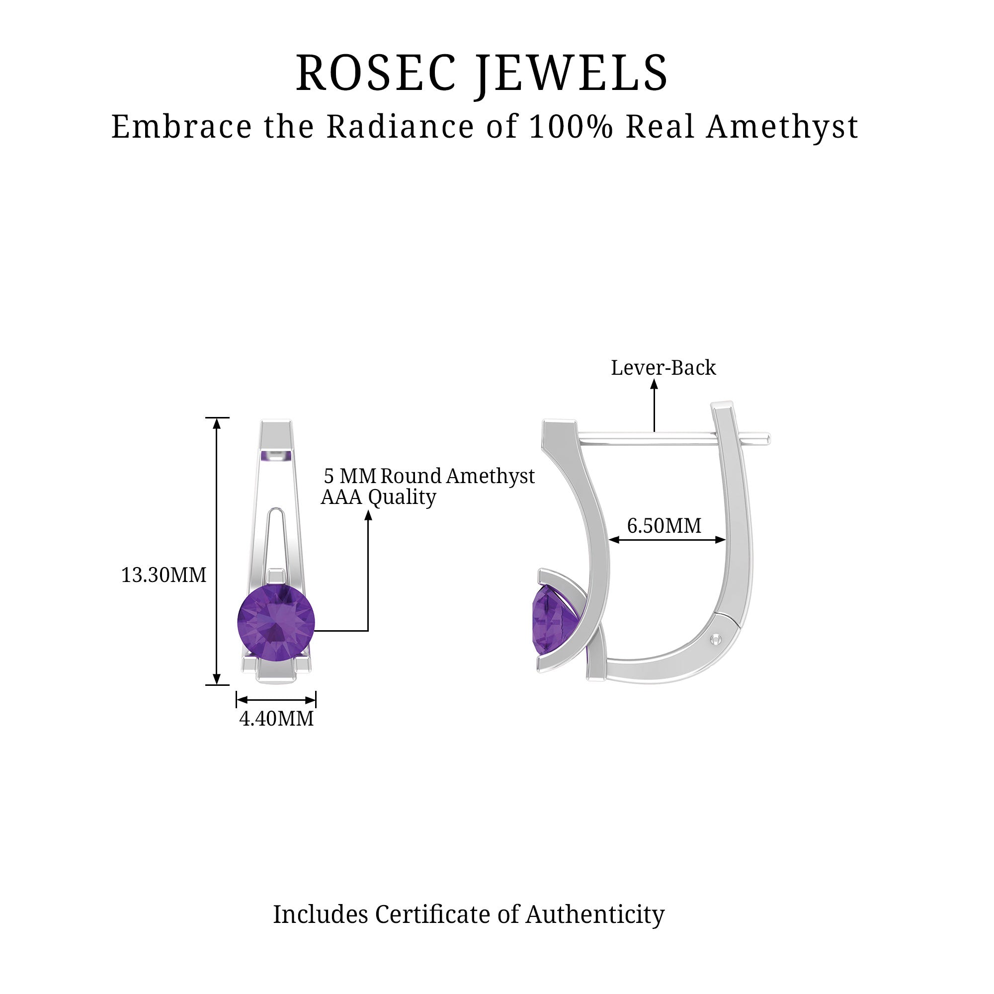 Real Amethyst Solitaire Lever Back Earrings Amethyst - ( AAA ) - Quality - Rosec Jewels