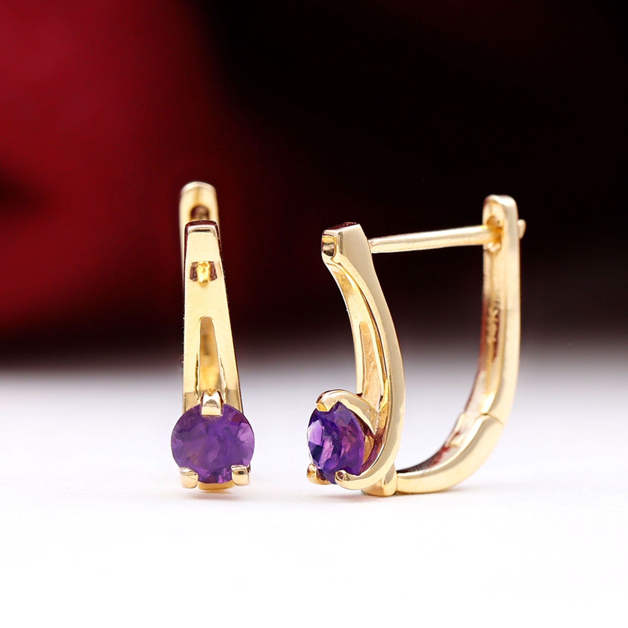 Real Amethyst Solitaire Lever Back Earrings Amethyst - ( AAA ) - Quality - Rosec Jewels