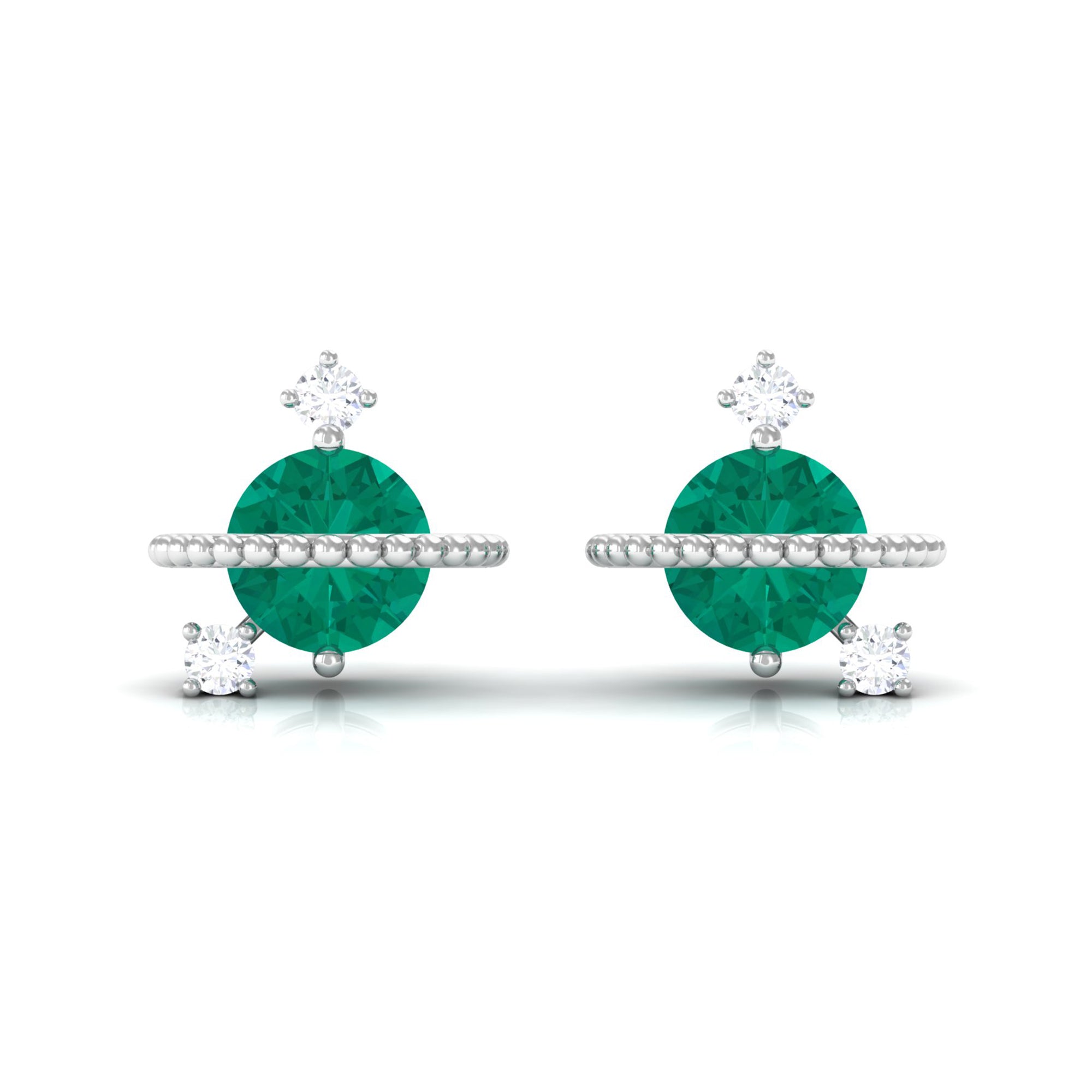 Solitaire Emerald and Diamond Contemporary Stud Earrings Emerald - ( AAA ) - Quality - Rosec Jewels