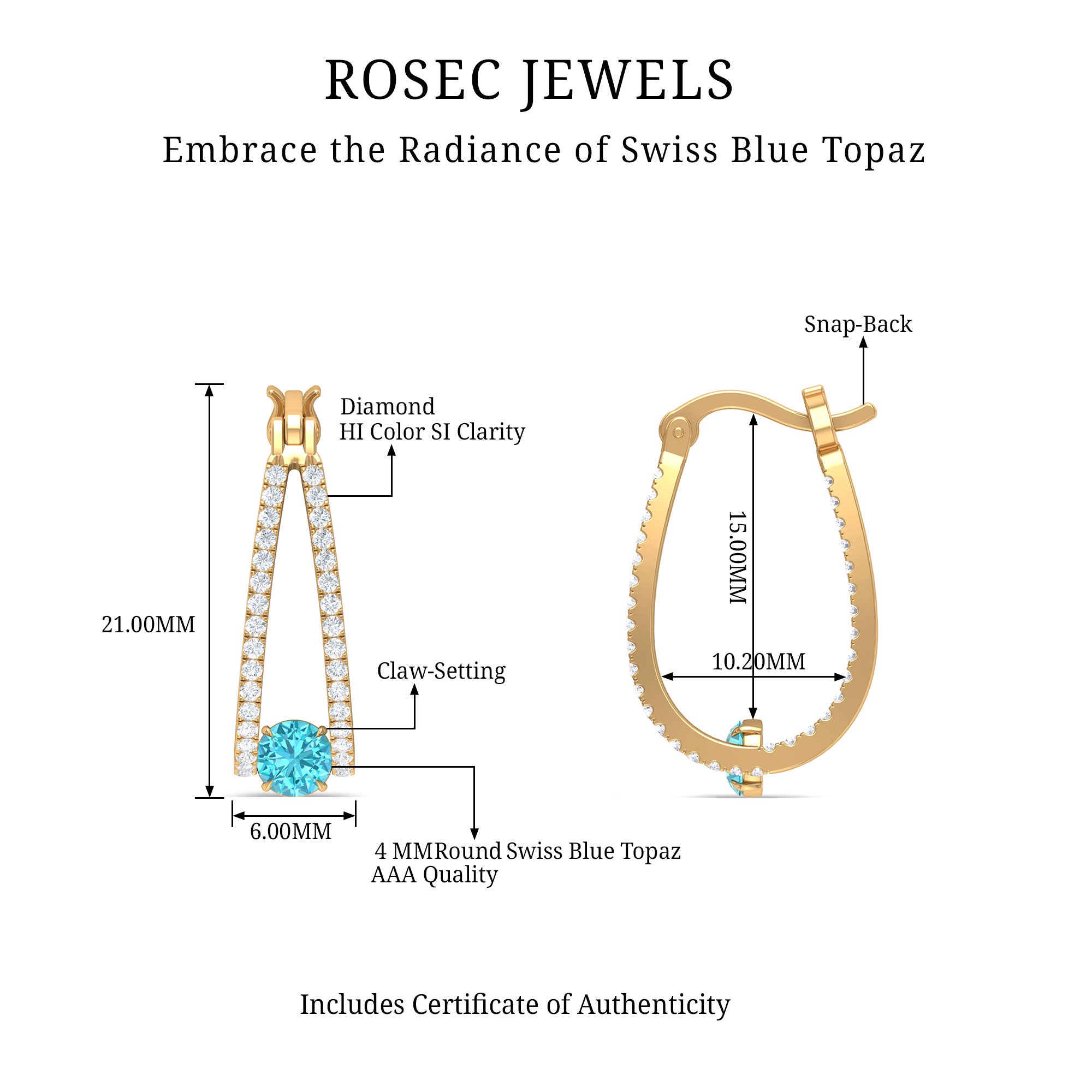 1.75 CT Swiss Blue Topaz and Diamond Statement J Hoop Earrings Swiss Blue Topaz - ( AAA ) - Quality - Rosec Jewels