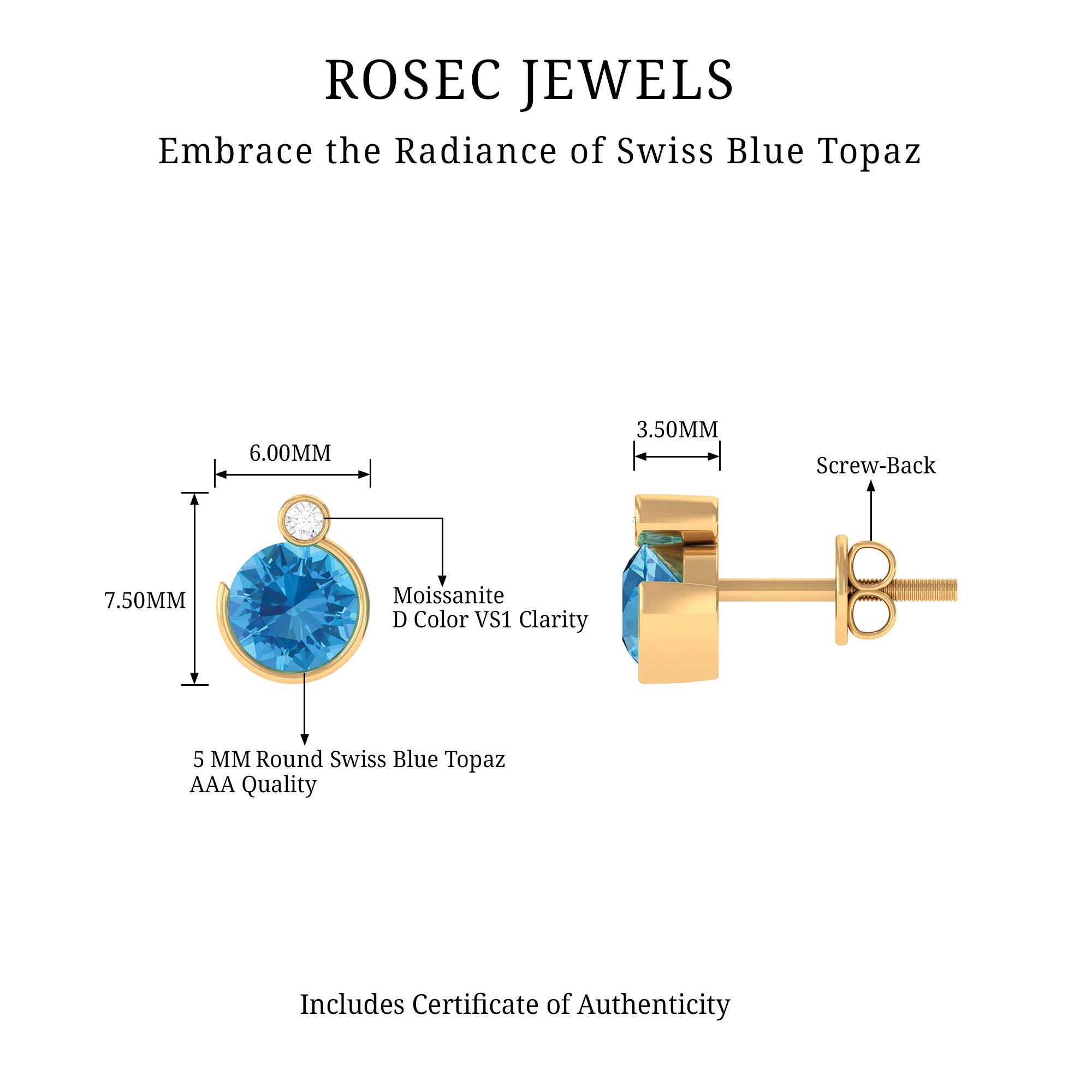 Round Swiss Blue Topaz Stud Earrings with Moissanite Swiss Blue Topaz - ( AAA ) - Quality - Rosec Jewels