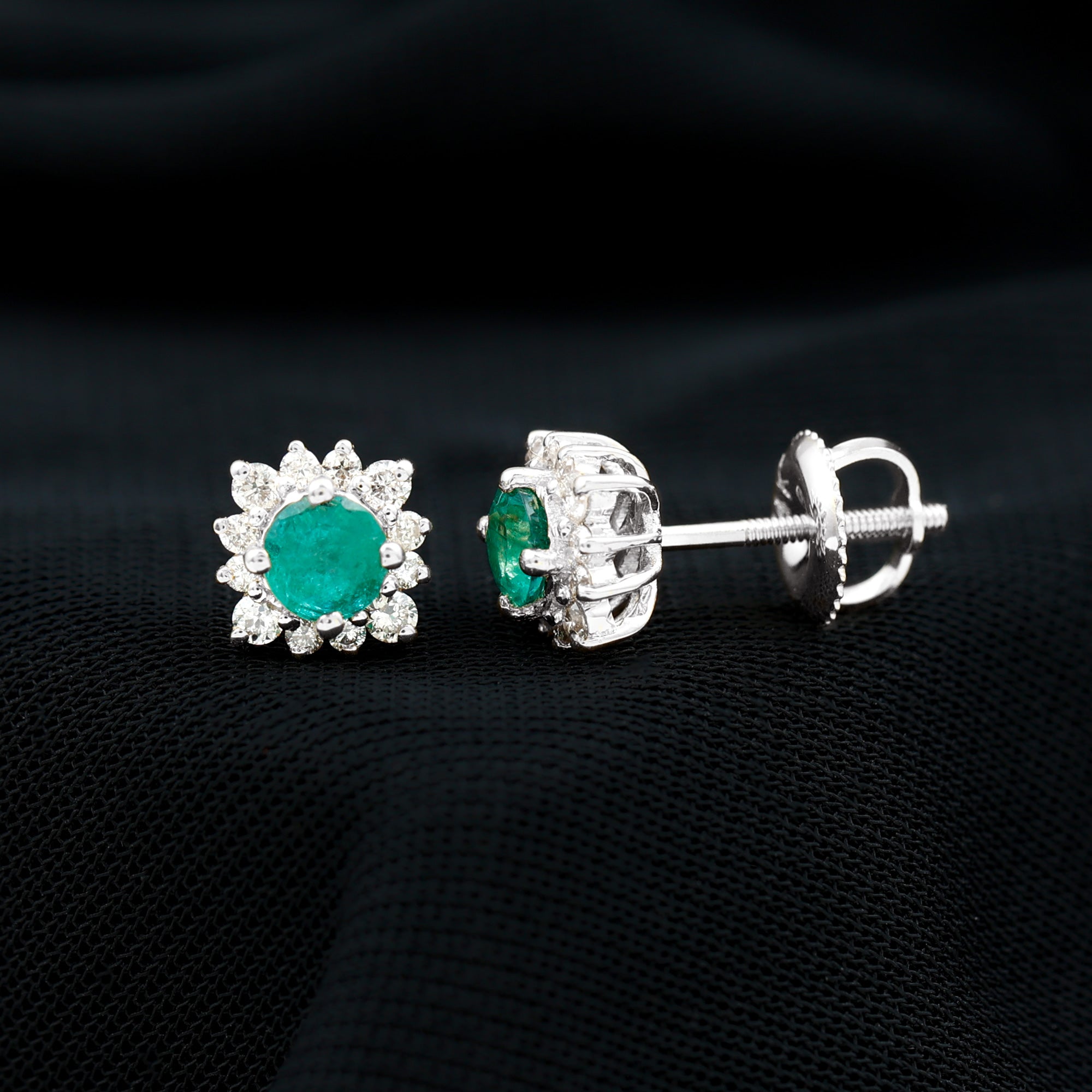 1 CT Emerald Classic Stud Earrings with Diamond Halo Emerald - ( AAA ) - Quality - Rosec Jewels