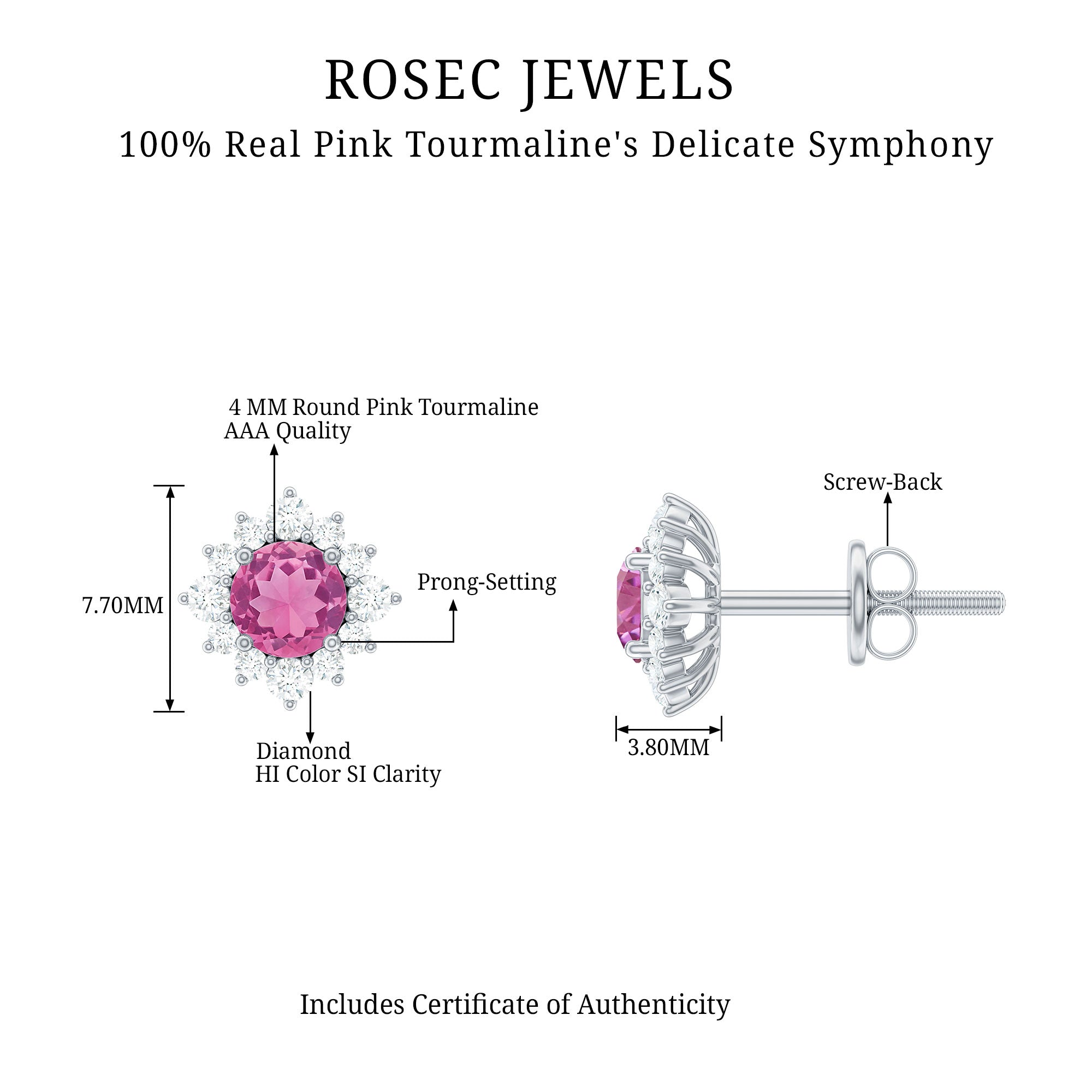 1 CT Classic Pink Tourmaline Stud Earrings with Diamond Halo Pink Tourmaline - ( AAA ) - Quality - Rosec Jewels