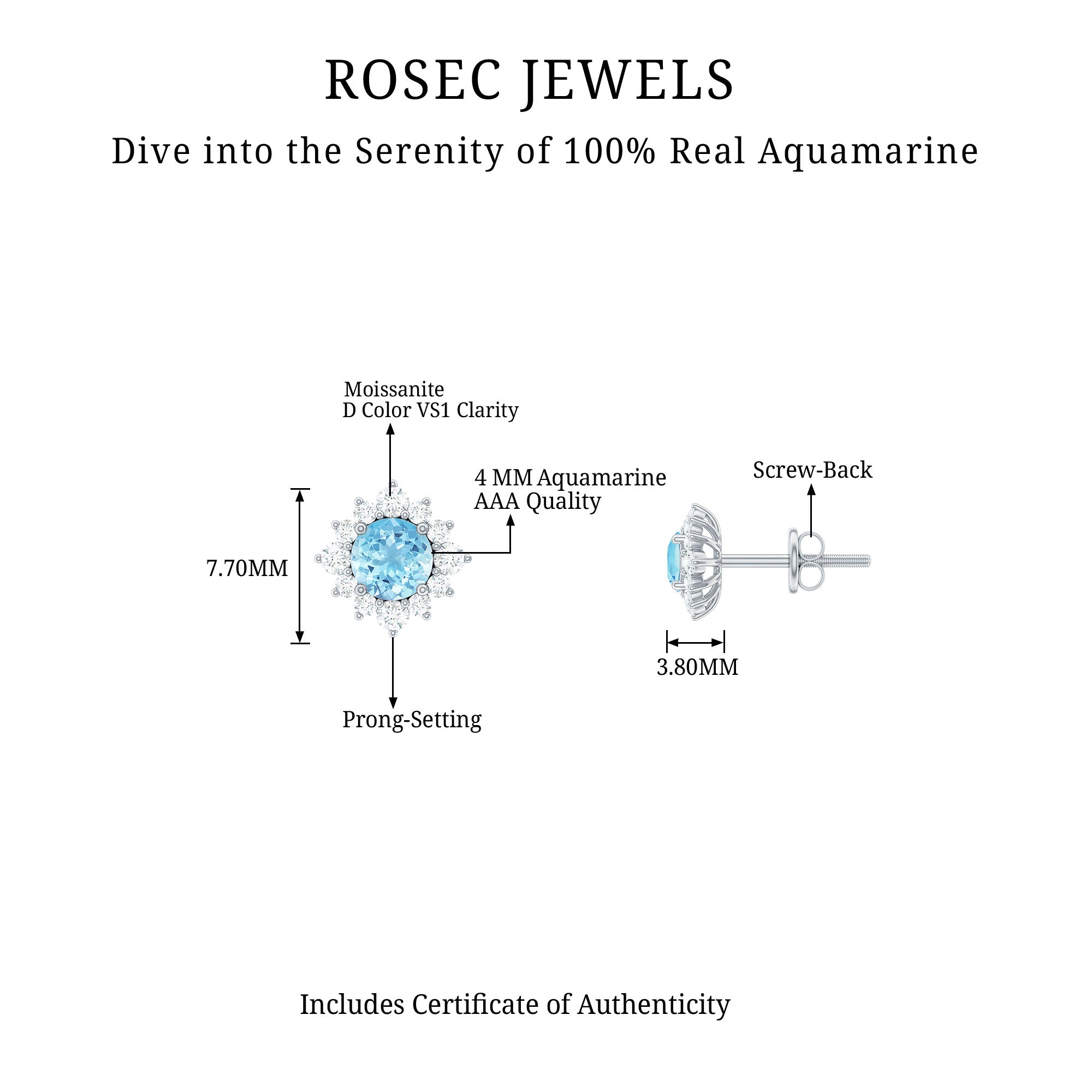 1 CT Classic Aquamarine Stud Earrings with Moissanite Halo Aquamarine - ( AAA ) - Quality - Rosec Jewels