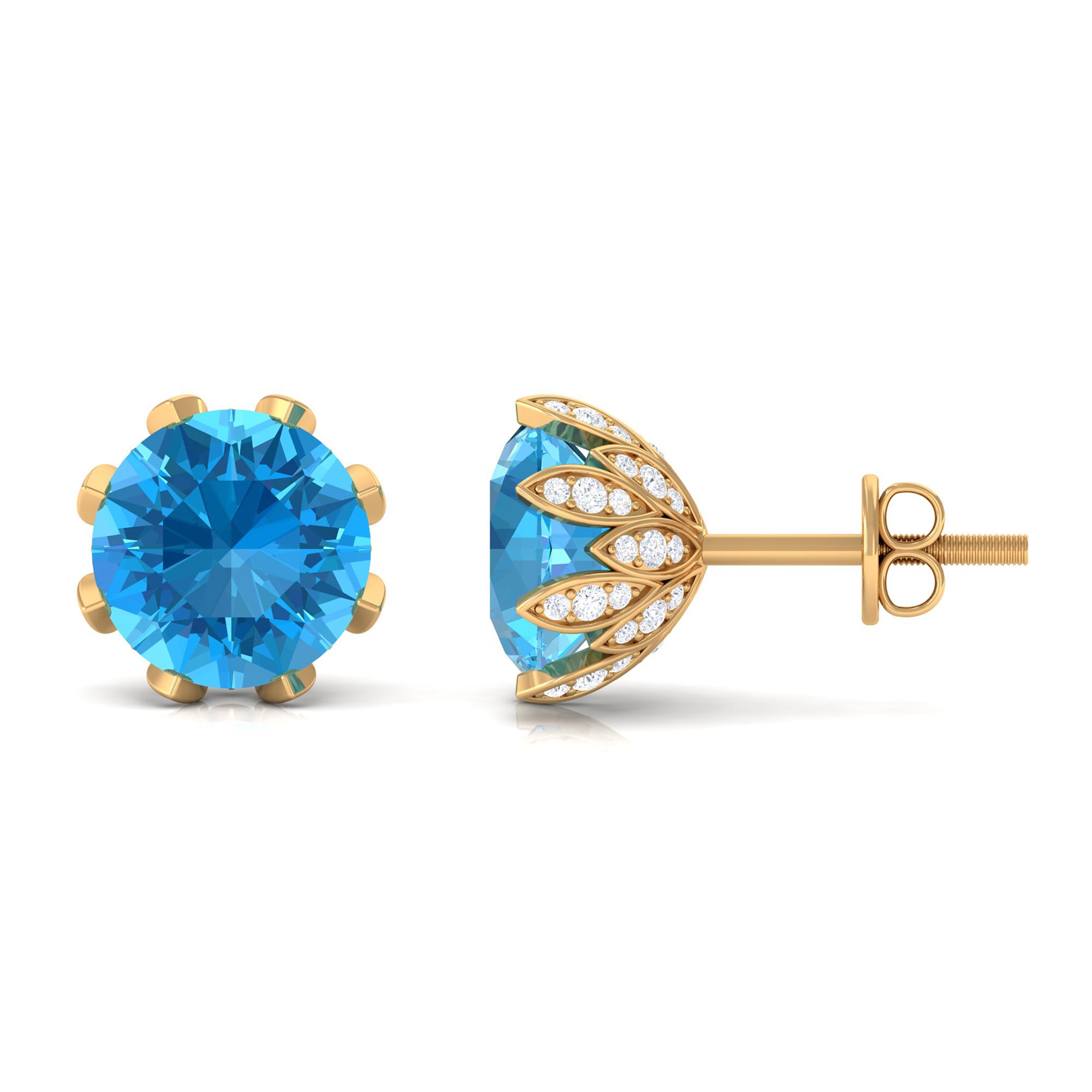 Swiss Blue Topaz Flower Bridal Stud Earrings with Diamond Swiss Blue Topaz - ( AAA ) - Quality - Rosec Jewels