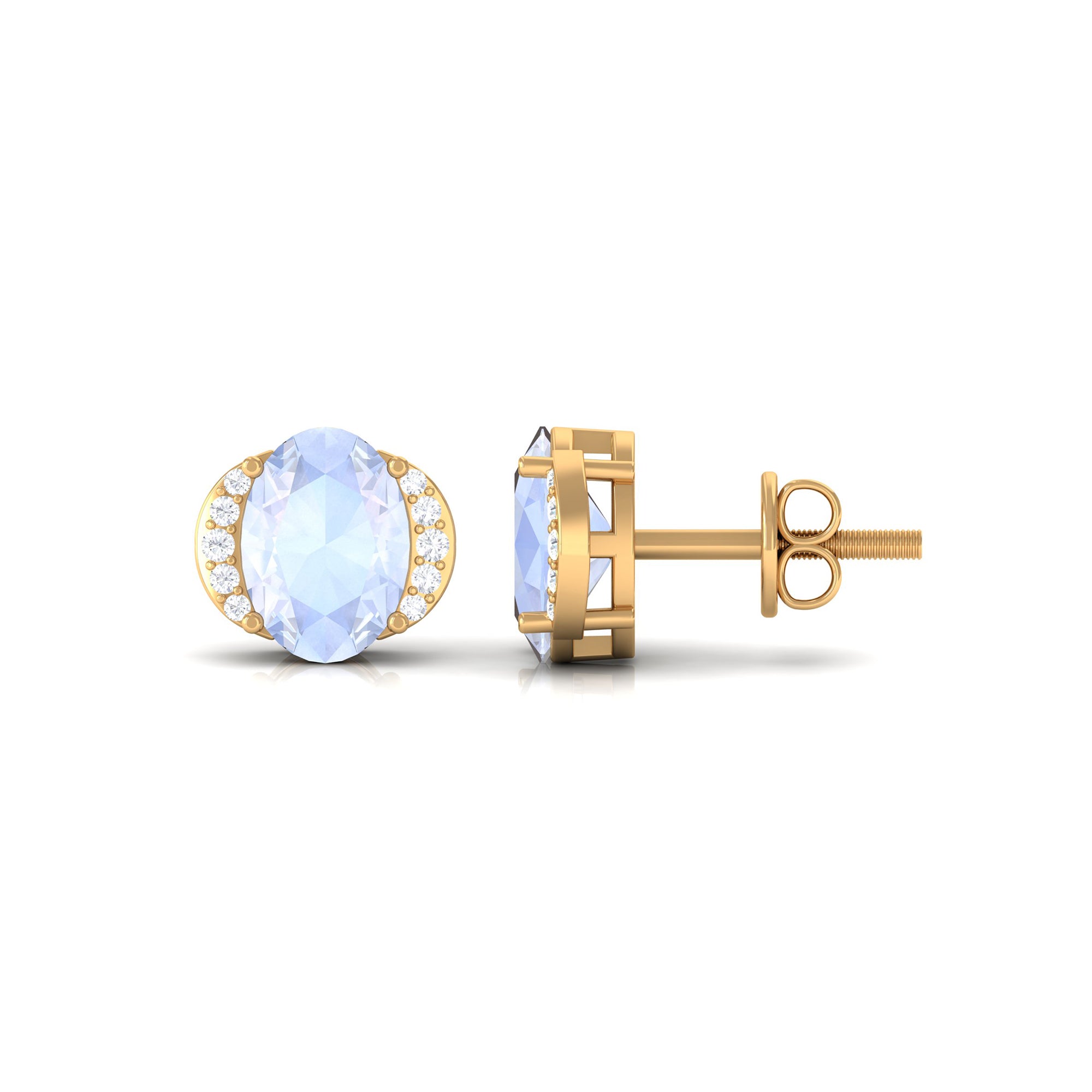 Oval Moonstone Minimal Solitaire Stud Earrings with Diamond Moonstone - ( AAA ) - Quality - Rosec Jewels