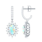 2.75 CT Oval Ethiopian Opal and Moissanite Silver Sunburst J Hoop Drop Earrings - Rosec Jewels