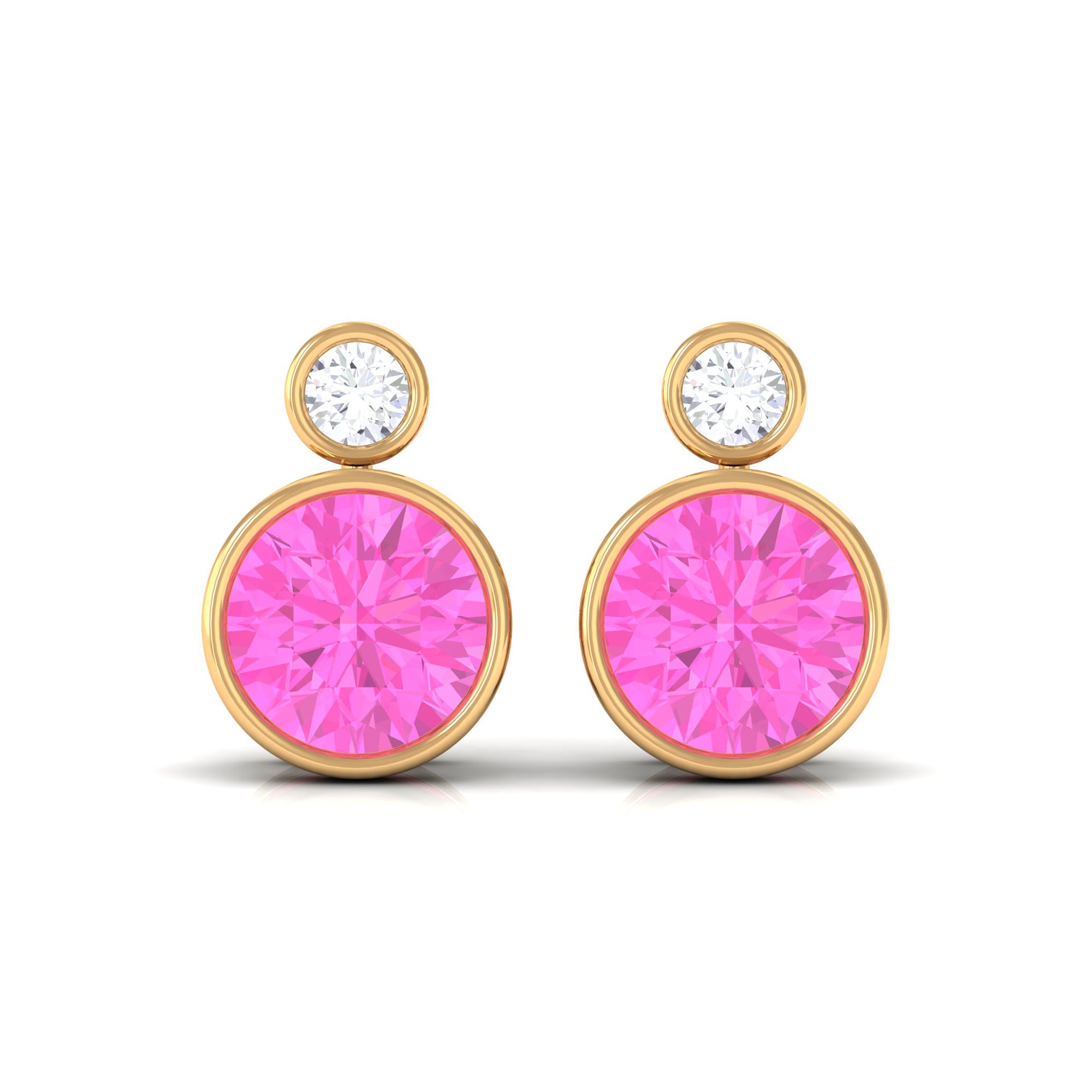 Bezel Set Round Pink Sapphire and Diamond Solitaire Stud Earrings Pink Sapphire - ( AAA ) - Quality - Rosec Jewels