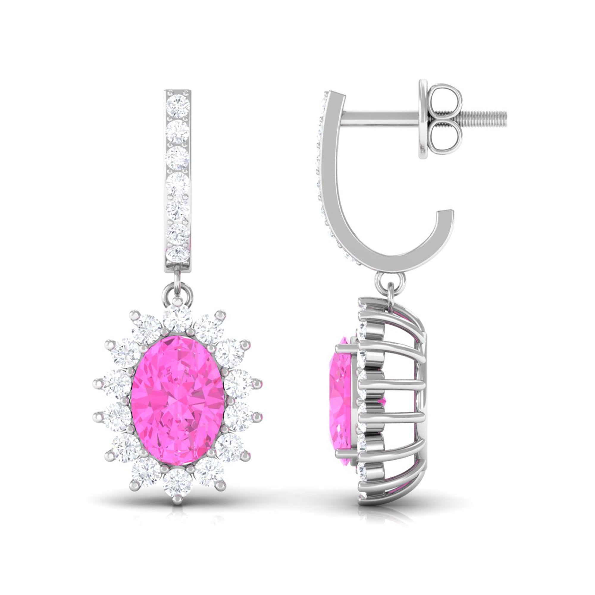 Oval Pink Sapphire and Diamond Sunburst J Hoop Drop Earrings Pink Sapphire - ( AAA ) - Quality - Rosec Jewels