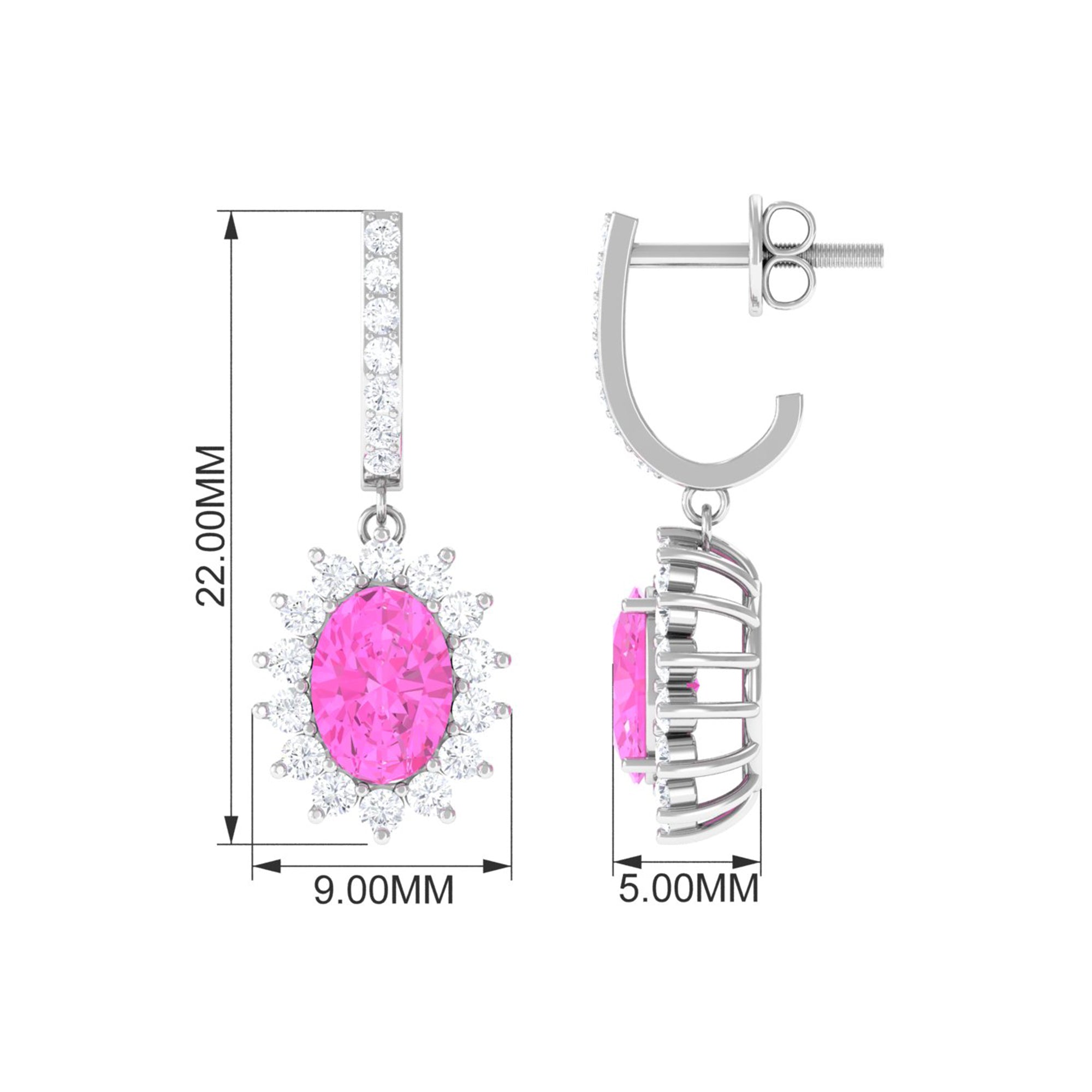 Oval Pink Sapphire and Diamond Sunburst J Hoop Drop Earrings Pink Sapphire - ( AAA ) - Quality - Rosec Jewels