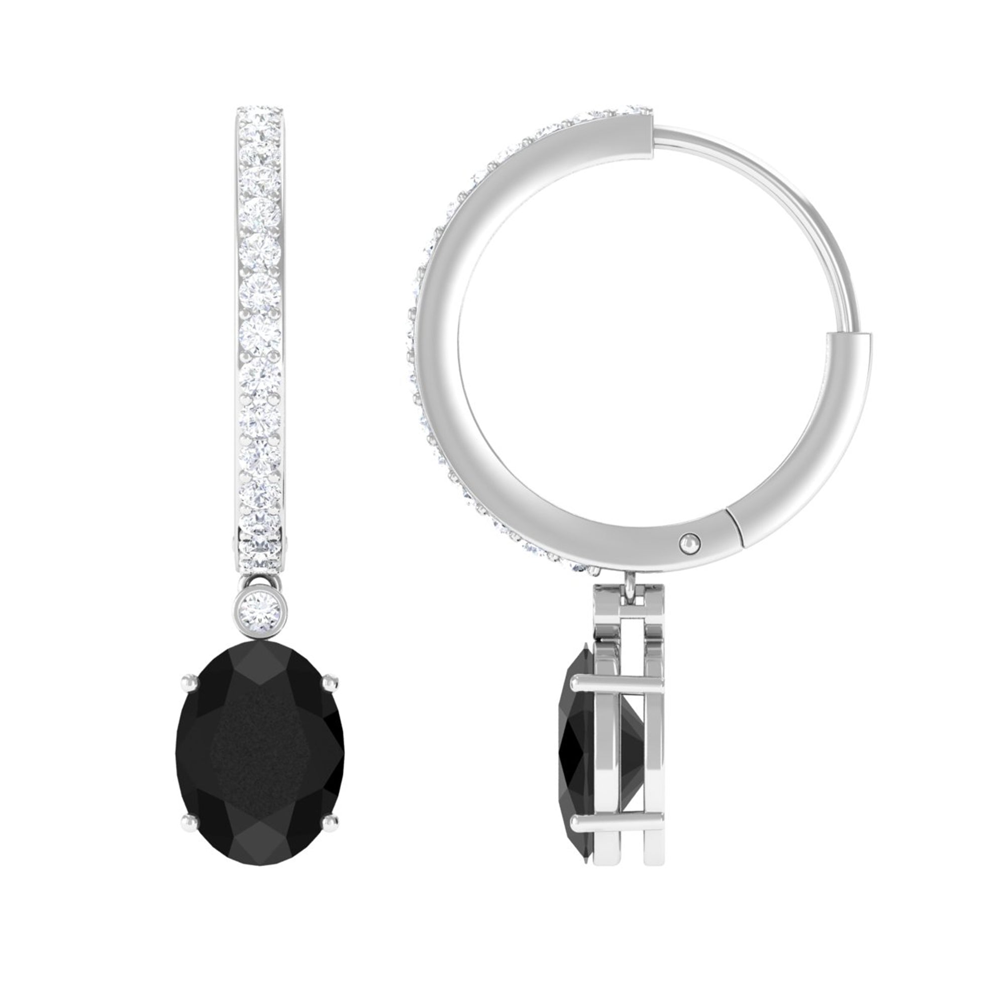 Oval Black Onyx and Diamond Hoop Drop Earrings Black Onyx - ( AAA ) - Quality - Rosec Jewels