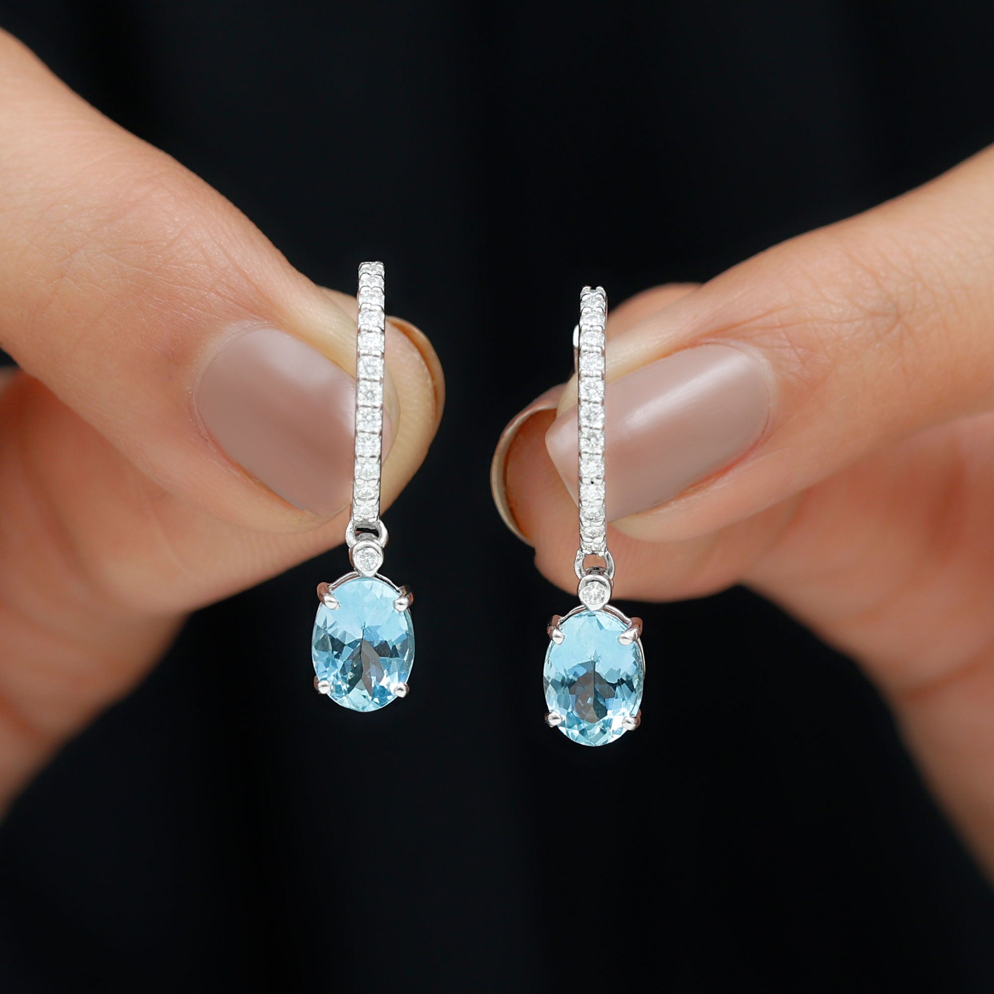 3.25 CT Oval Cut Aquamarine Hoop Drop Earrings with Moissanite Aquamarine - ( AAA ) - Quality - Rosec Jewels