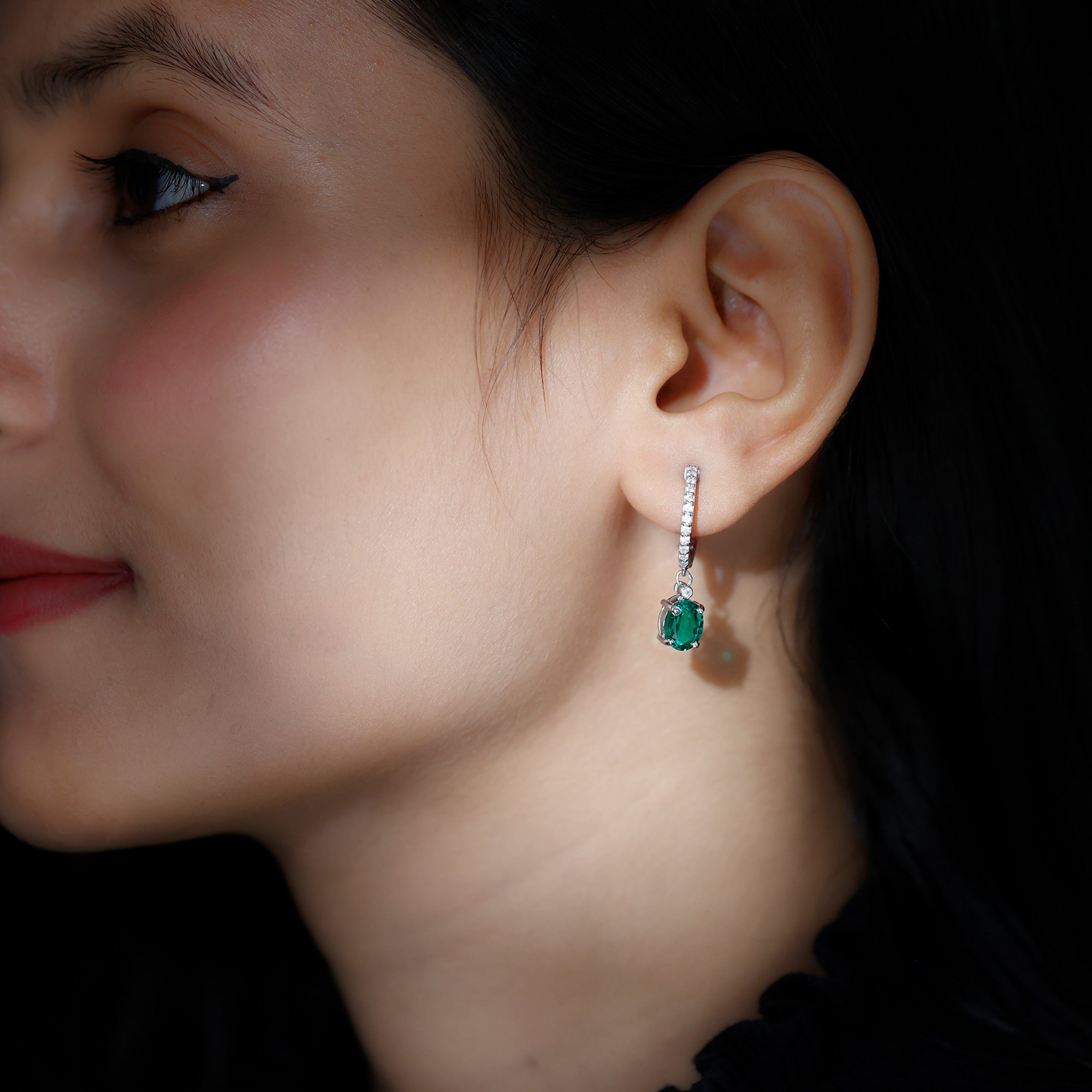 Oval Created Emerald and Diamond Hoop Drop Earrings Lab Created Emerald - ( AAAA ) - Quality - Rosec Jewels