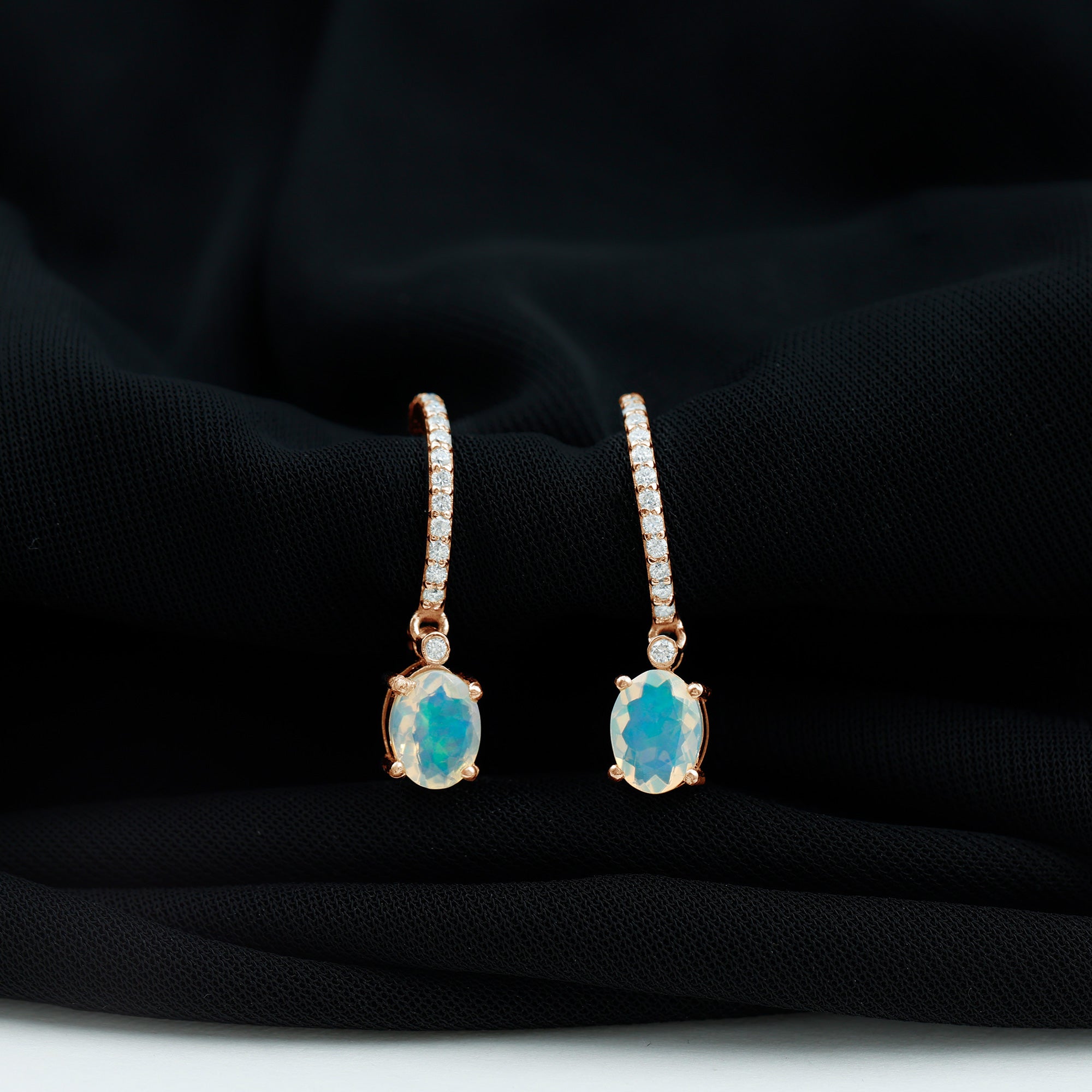 Oval Ethiopian Opal Drop Earrings with Moissanite Hoop Ethiopian Opal - ( AAA ) - Quality - Rosec Jewels