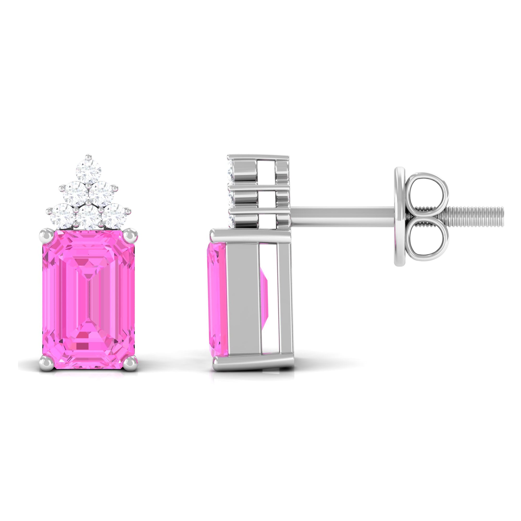 Emerald Cut Pink Sapphire Stud Earrings with Diamond Cluster Pink Sapphire - ( AAA ) - Quality - Rosec Jewels