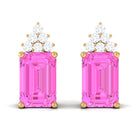 Emerald Cut Pink Sapphire Stud Earrings with Diamond Cluster Pink Sapphire - ( AAA ) - Quality - Rosec Jewels