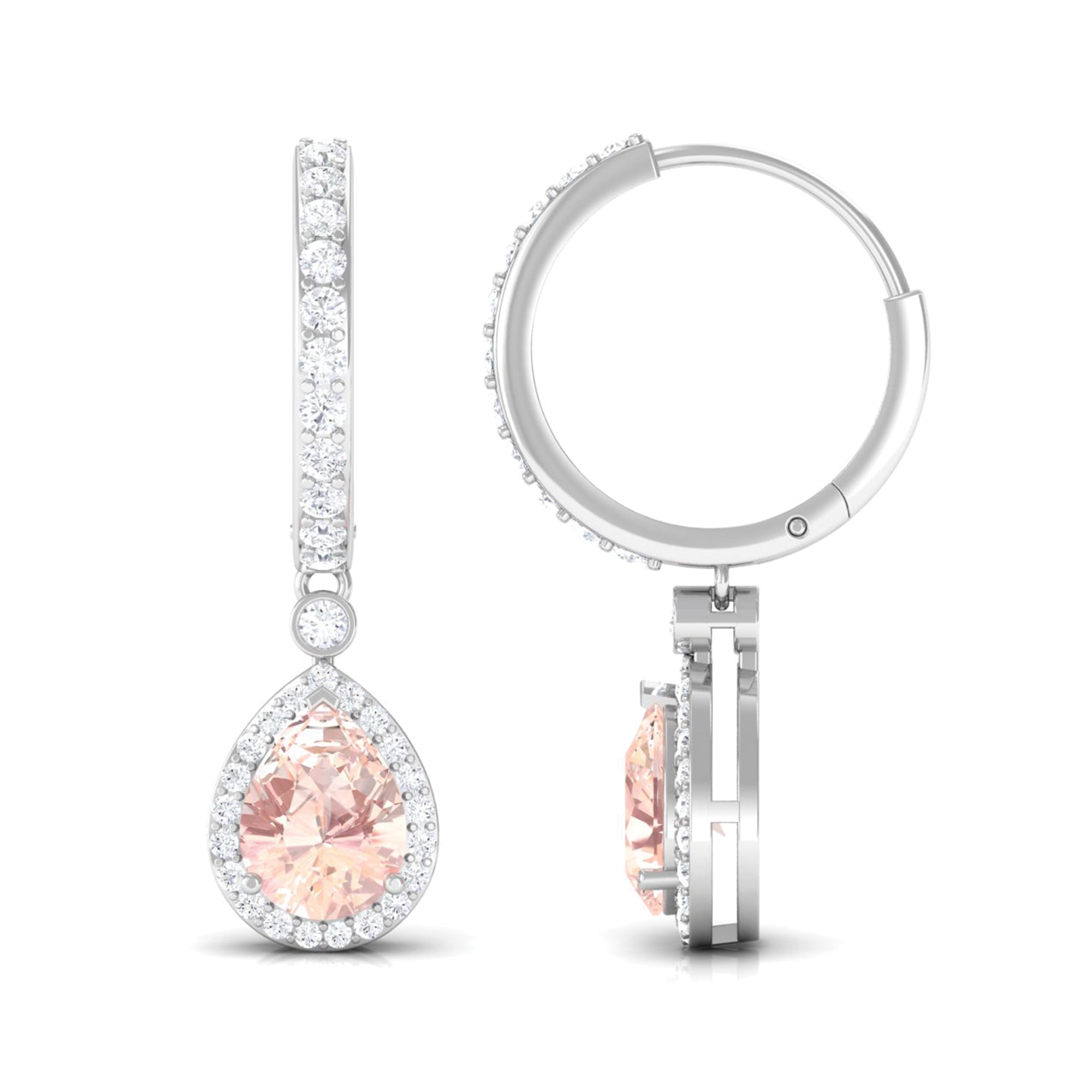 Pear Cut Morganite Hoop Drop Earrings with Diamond Halo Morganite - ( AAA ) - Quality - Rosec Jewels