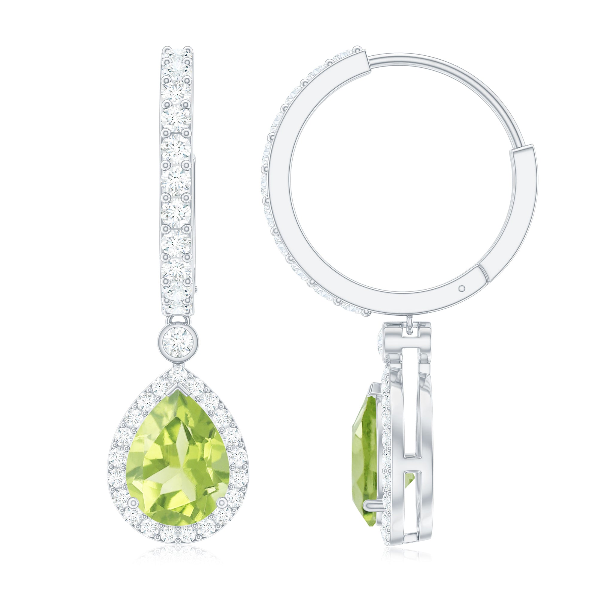 Pear Shape Peridot Hoop Drop Earrings with Moissanite Peridot - ( AAA ) - Quality - Rosec Jewels