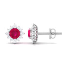 Classic Ruby Stud Earrings with Diamond Halo Ruby - ( AAA ) - Quality - Rosec Jewels