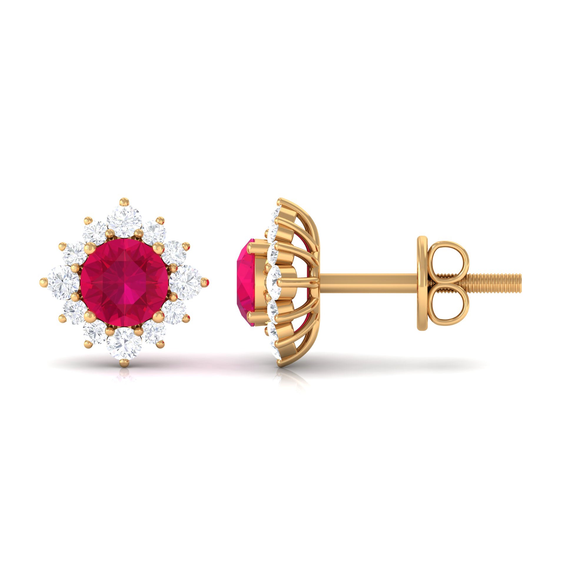 Classic Ruby Stud Earrings with Diamond Halo Ruby - ( AAA ) - Quality - Rosec Jewels