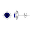 1.25 CT Blue Sapphire Solitaire Stud Earrings with Diamond Halo Blue Sapphire - ( AAA ) - Quality - Rosec Jewels