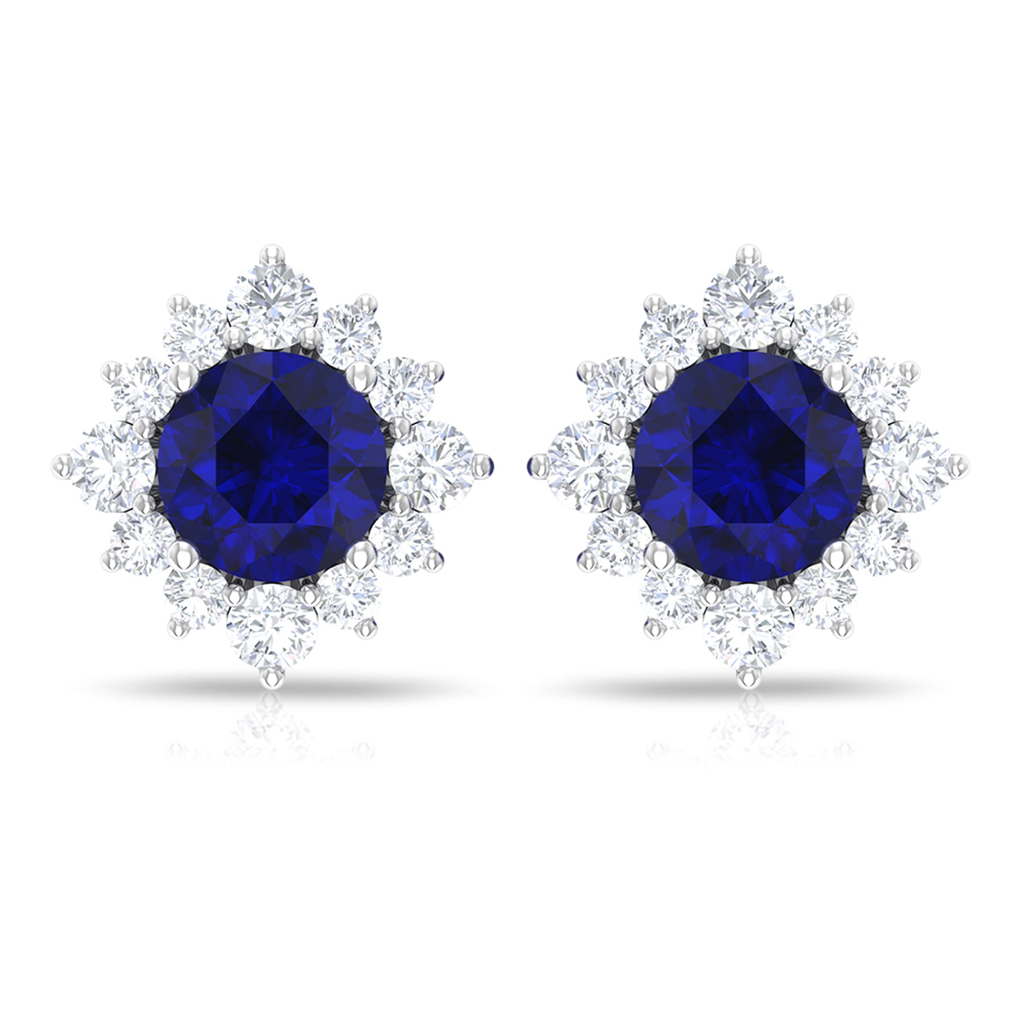 1.25 CT Blue Sapphire Solitaire Stud Earrings with Diamond Halo Blue Sapphire - ( AAA ) - Quality - Rosec Jewels