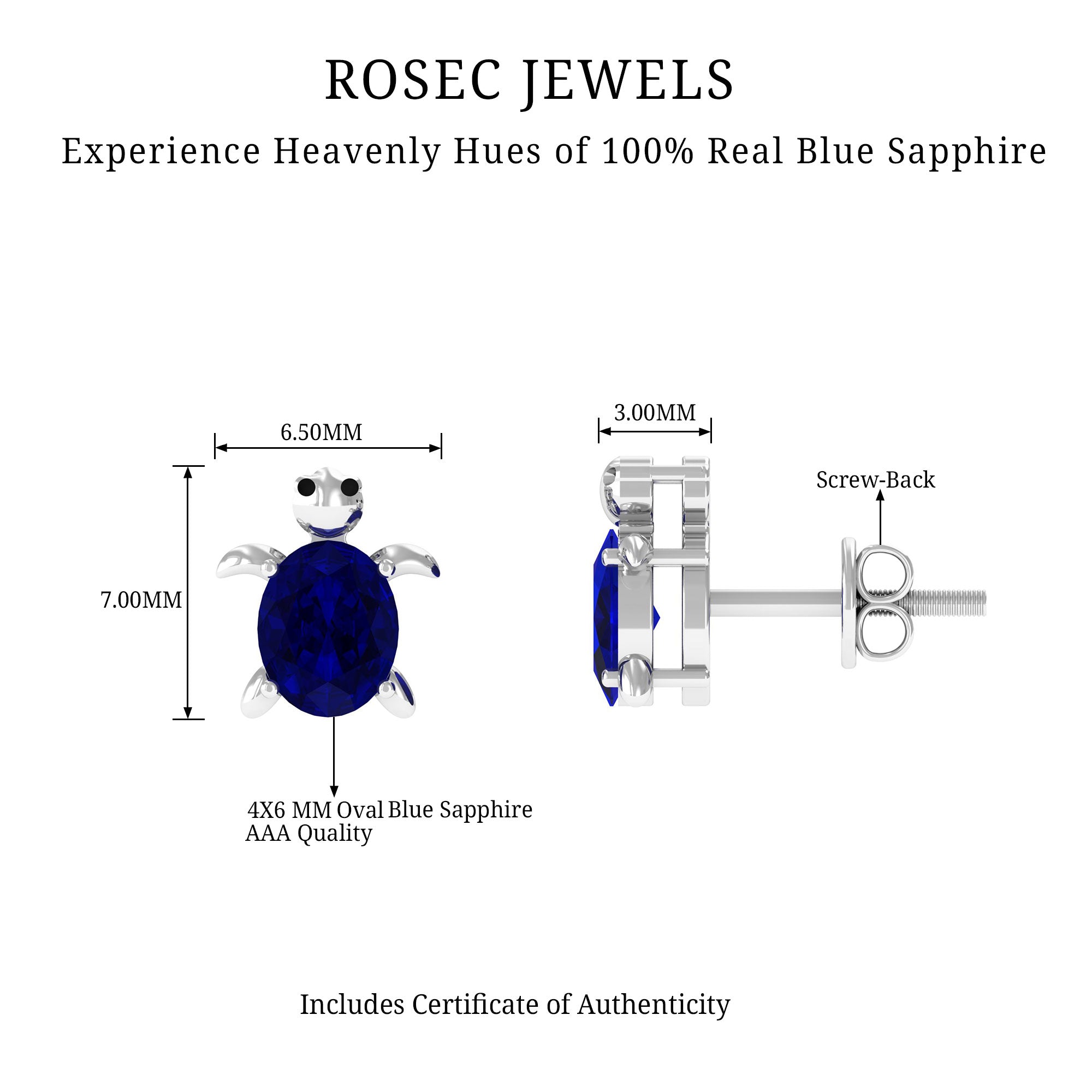 4X5 MM Oval Cut Blue Sapphire Turtle Solitaire Stud Earrings in Prong Setting Blue Sapphire - ( AAA ) - Quality - Rosec Jewels