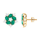 Cluster Stud Earrings with Emerald and Moissanite Emerald - ( AAA ) - Quality - Rosec Jewels