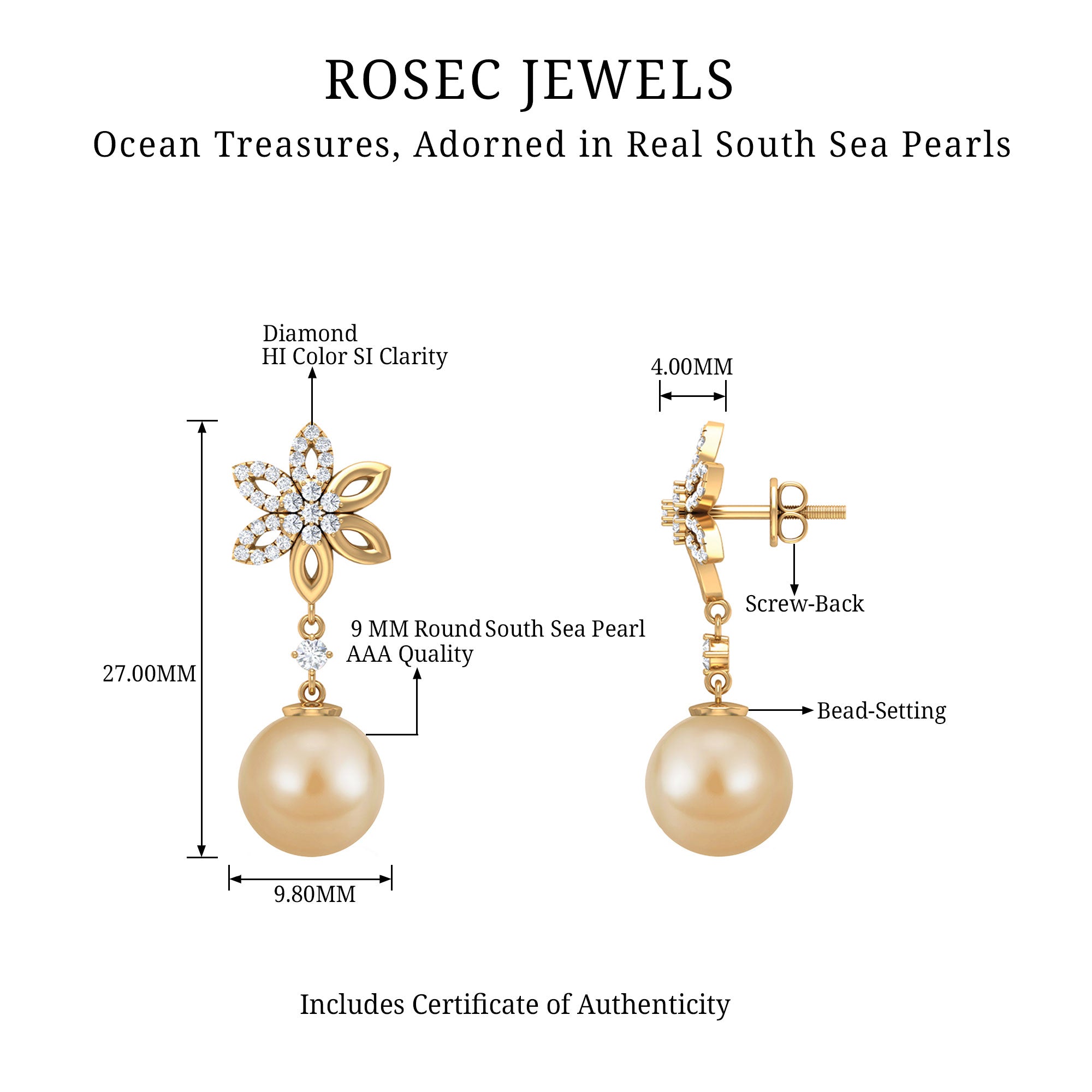 11.50 CT Diamond Floral Earrings with South Sea Pearl Drop South Sea Pearl - ( AAA ) - Quality - Rosec Jewels