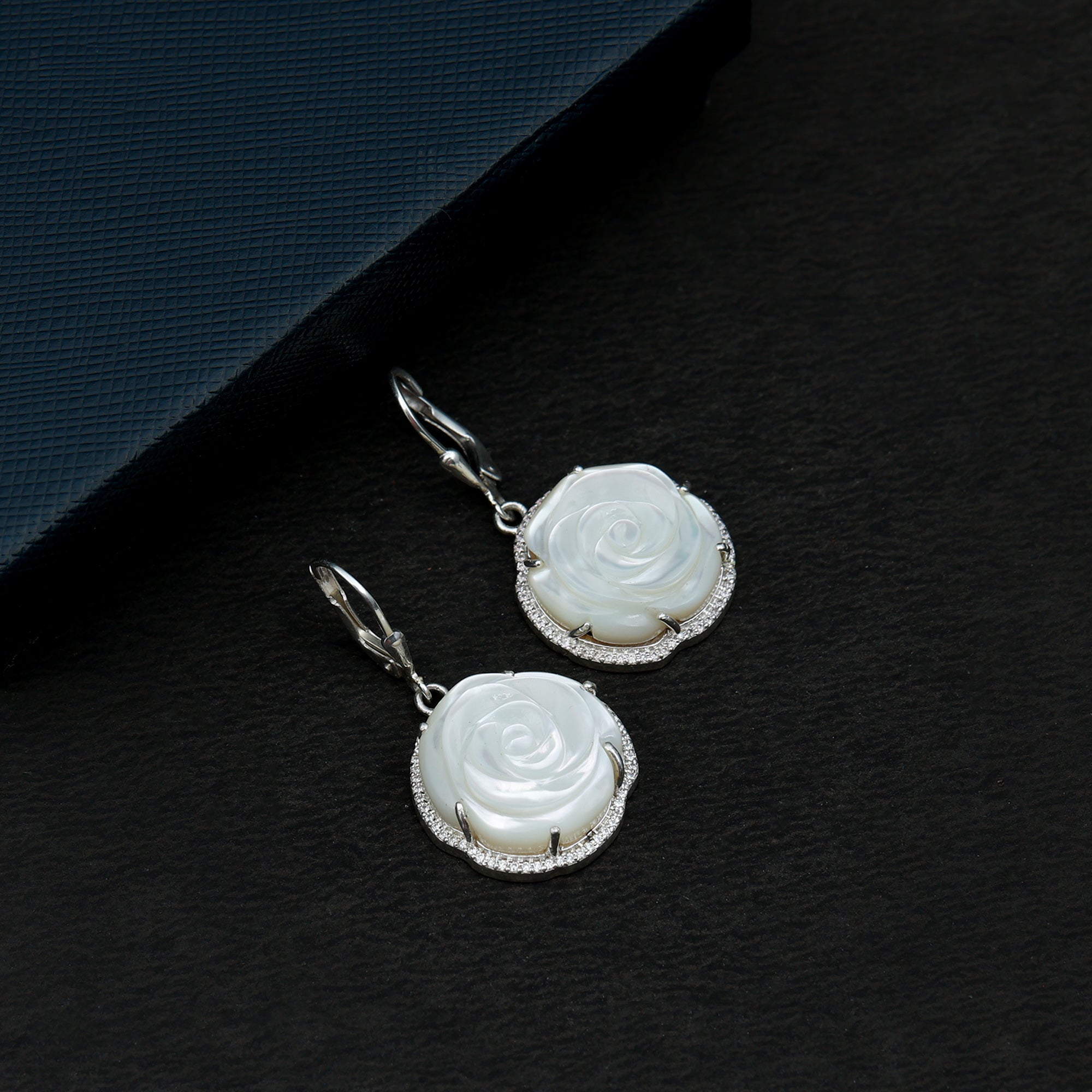 White Mother of Pearl Rose Flower Earrings Moissanite - ( D-VS1 ) - Color and Clarity 92.5 Sterling Silver - Rosec Jewels