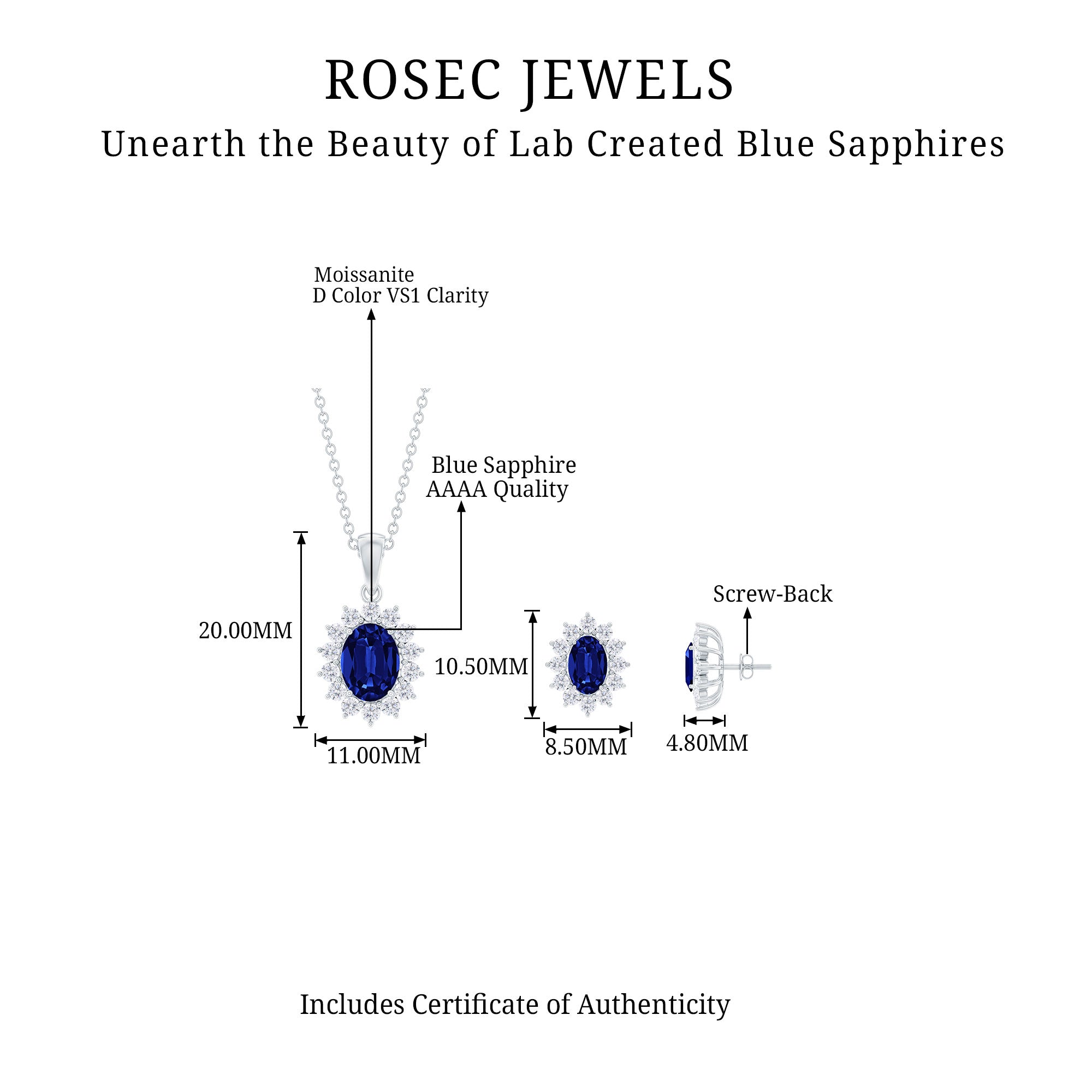 Classic Oval Cut Created Blue Sapphire and Moissanite Halo Silver Jewelry Set - Rosec Jewels