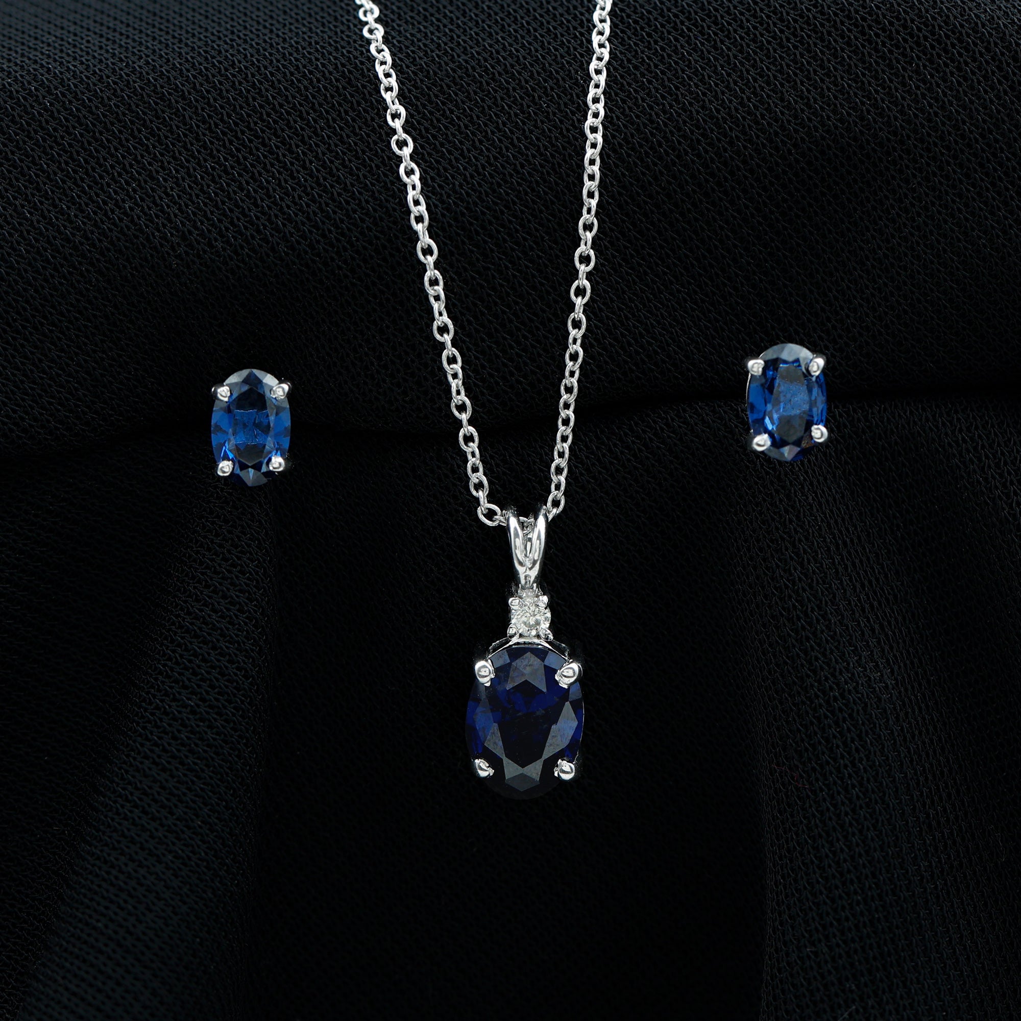 Oval Created Blue Sapphire Silver Solitaire Jewelry Set with Moissanite - Rosec Jewels