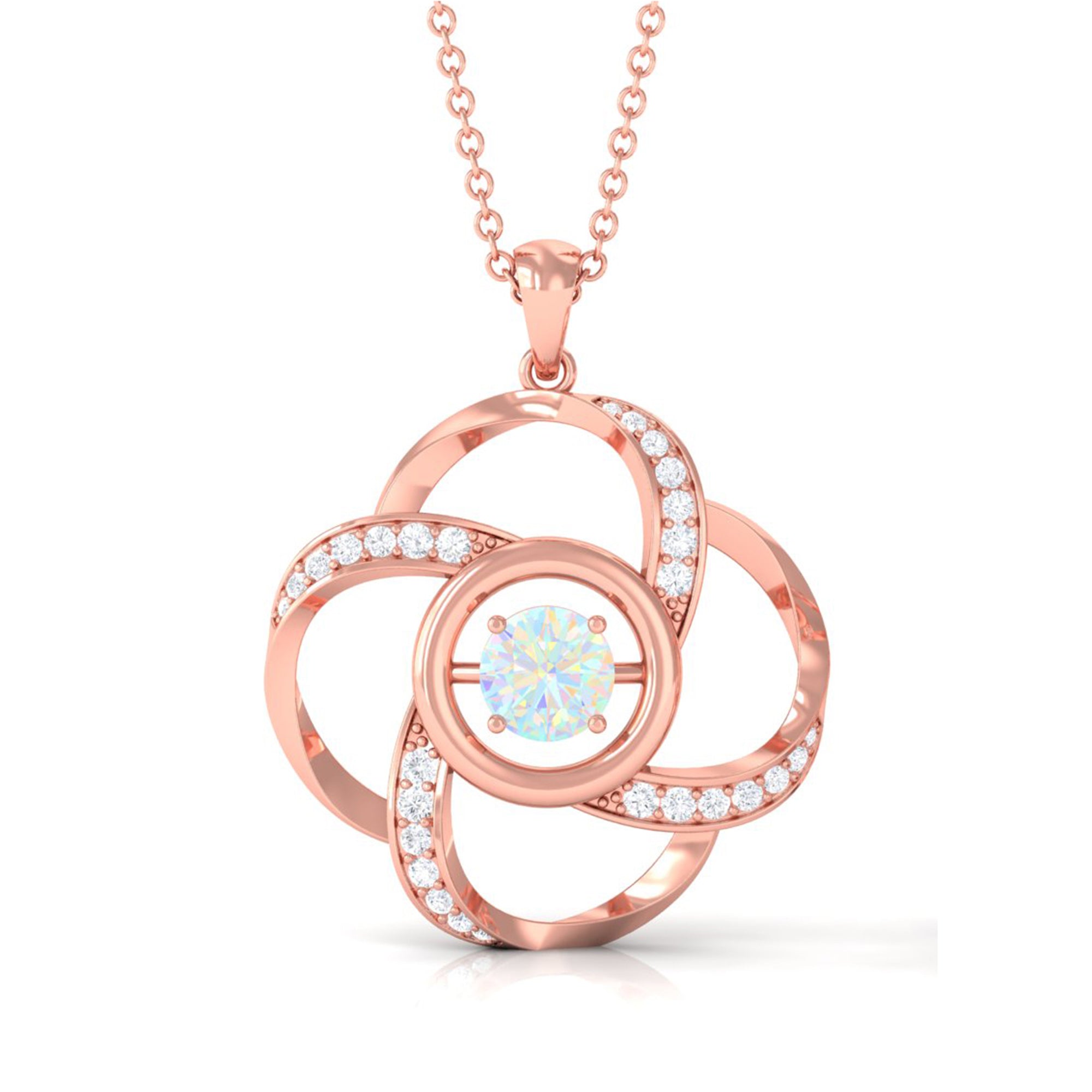 Natural Ethiopian Opal Floral Pendant Necklace with Diamond Ethiopian Opal - ( AAA ) - Quality - Rosec Jewels