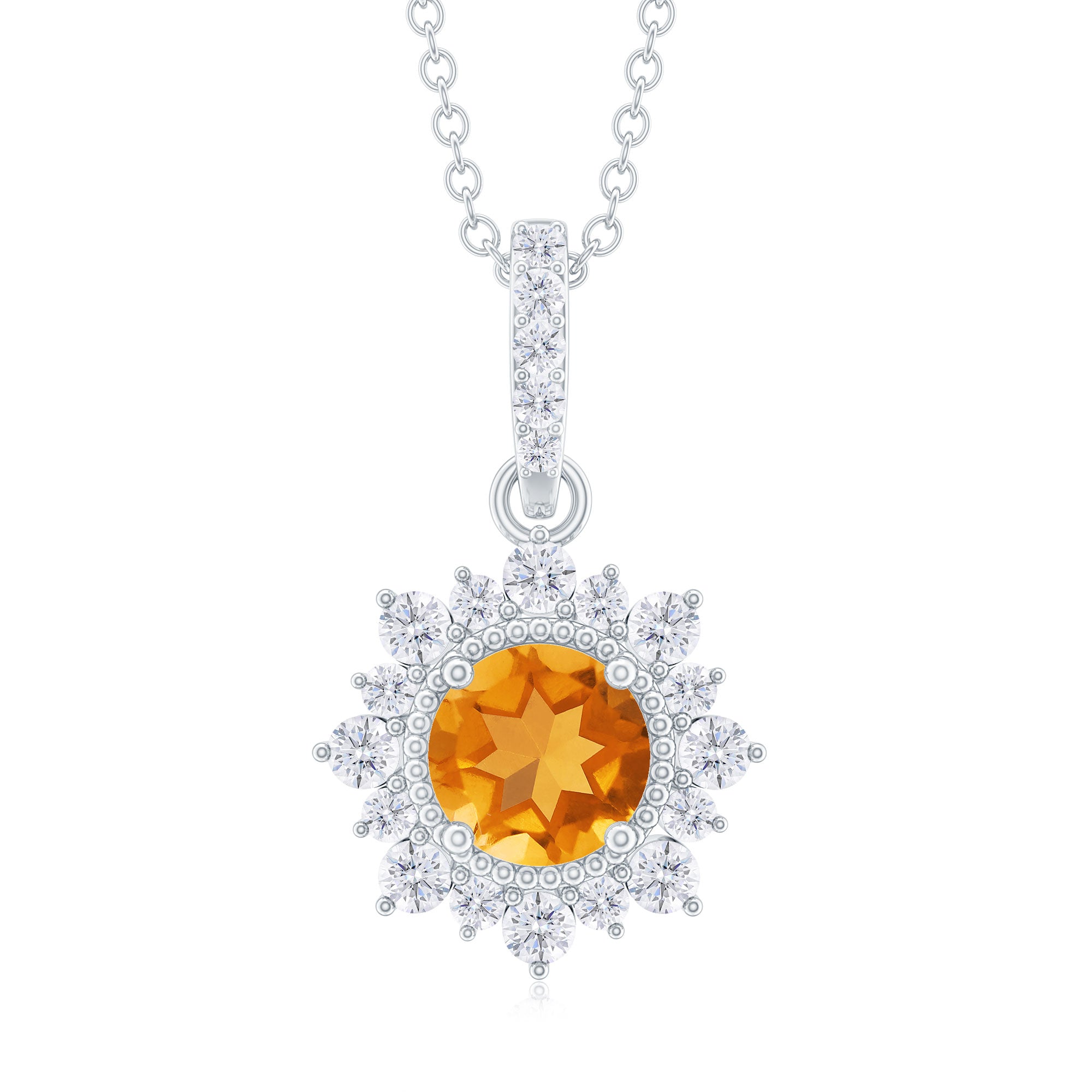 Round Citrine Halo Pendant with Diamond Accent Bail Citrine - ( AAA ) - Quality - Rosec Jewels