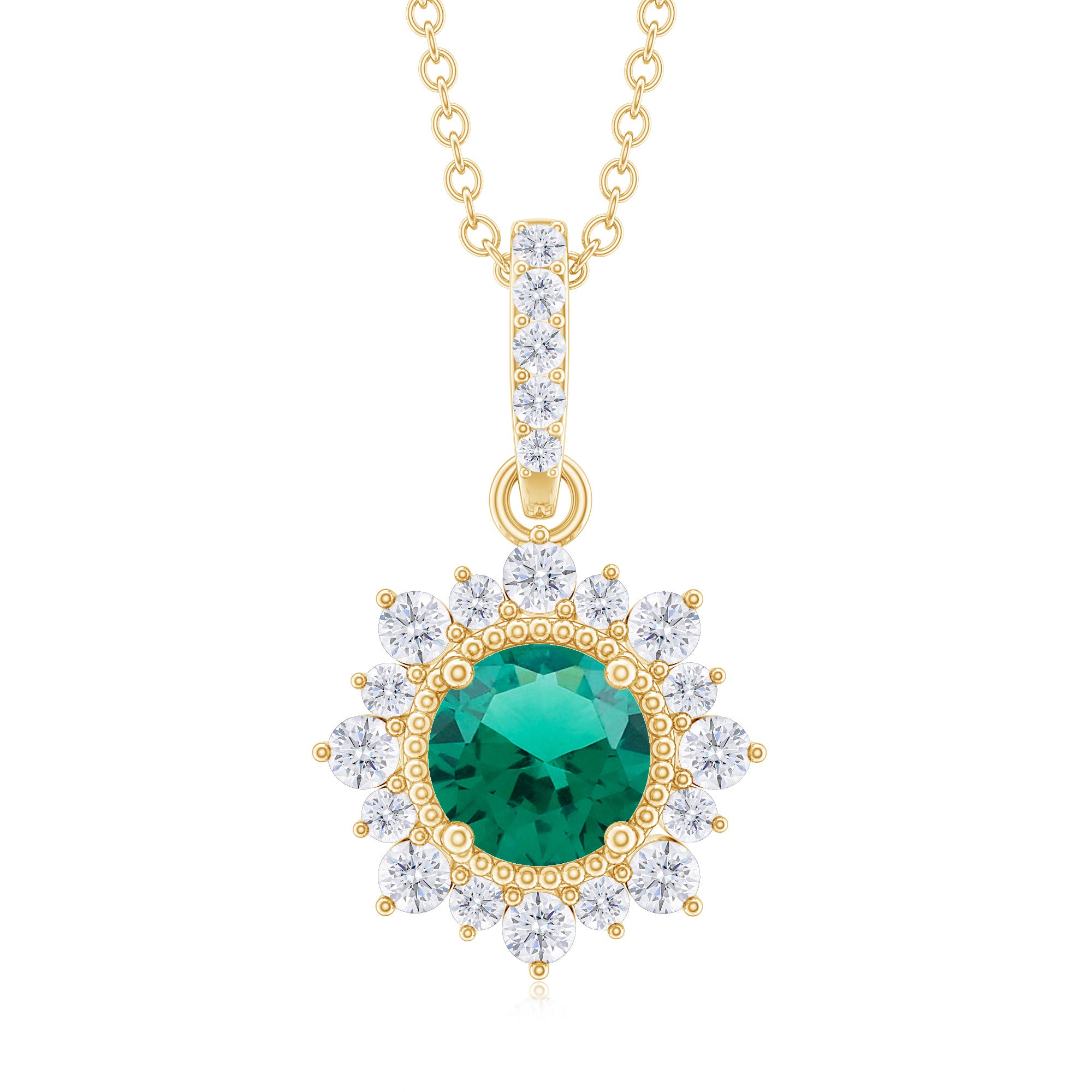 Round Created Emerald Halo Pendant with Diamond Accent Bail Lab Created Emerald - ( AAAA ) - Quality - Rosec Jewels