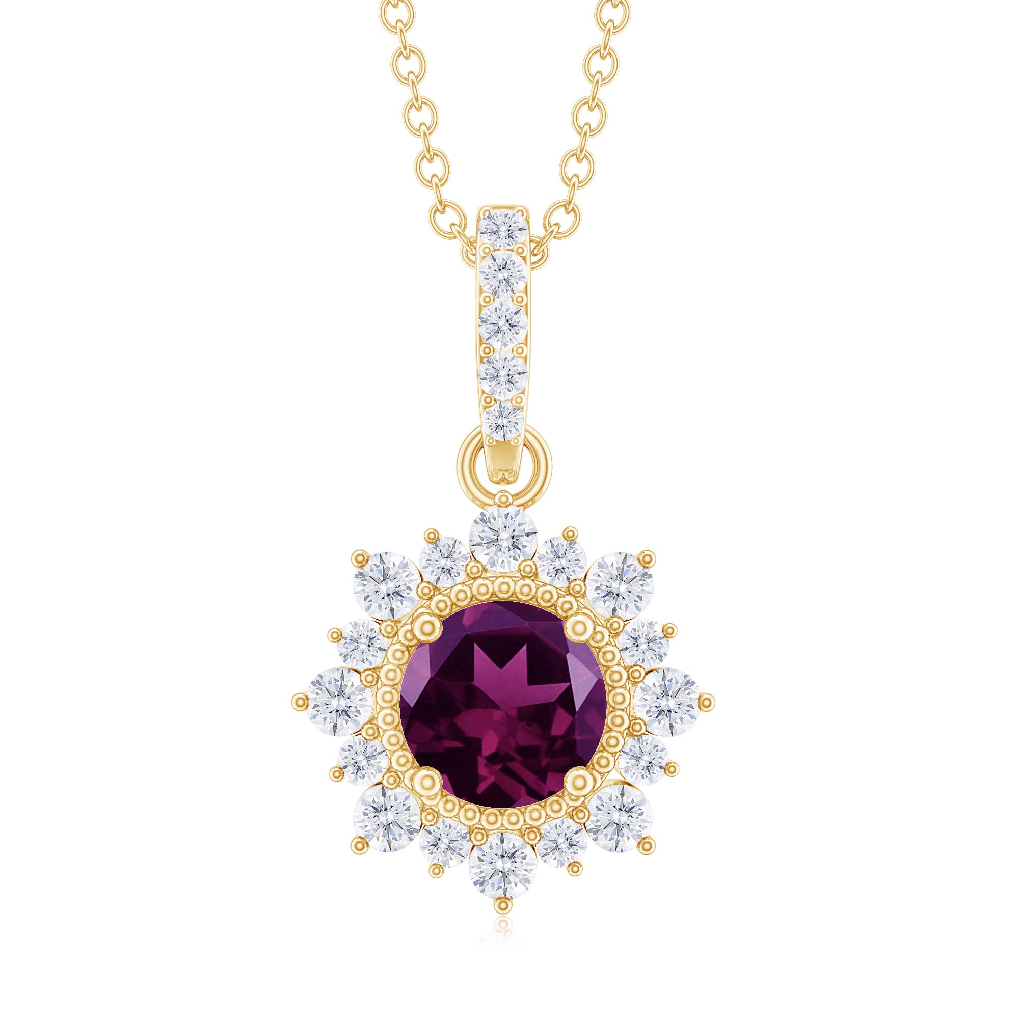 Round Rhodolite Halo Pendant with Diamond Accent Bail Rhodolite - ( AAA ) - Quality - Rosec Jewels