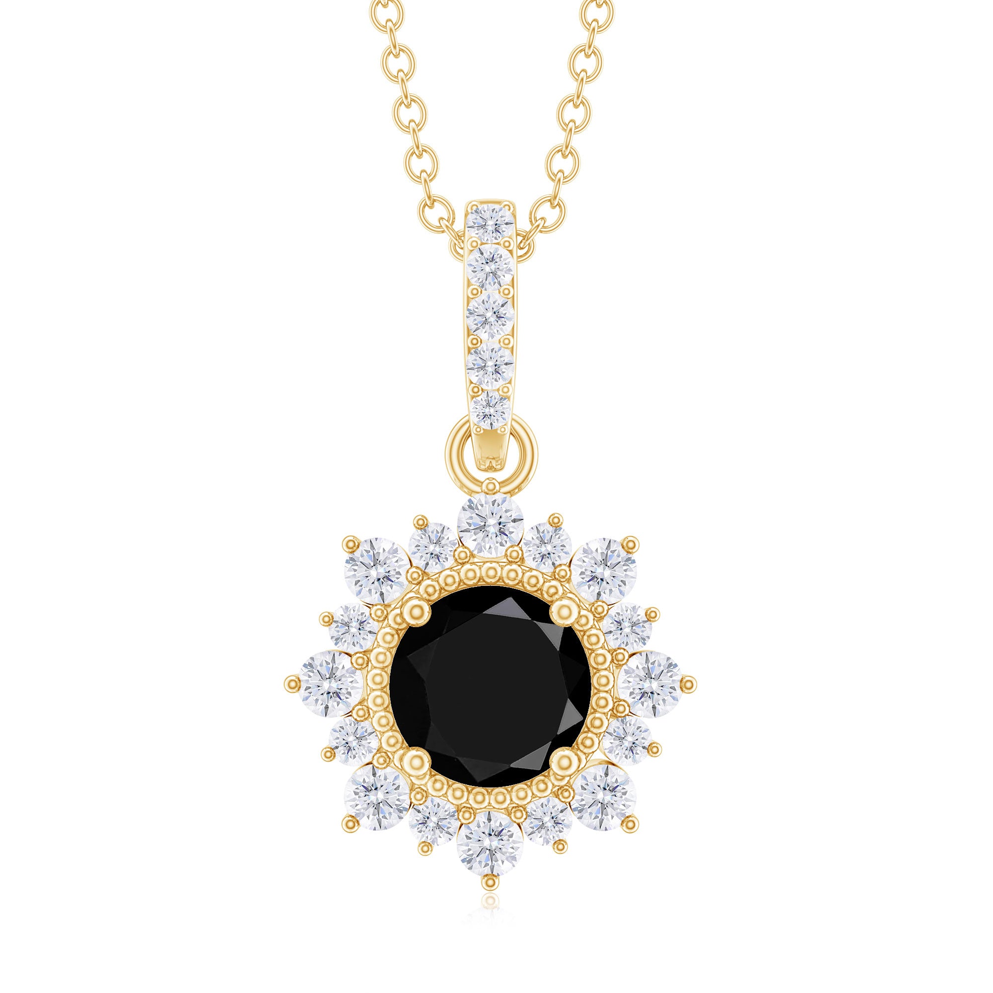 Round Black Spinel Halo Pendant with Diamond Accent Bail Black Spinel - ( AAA ) - Quality - Rosec Jewels