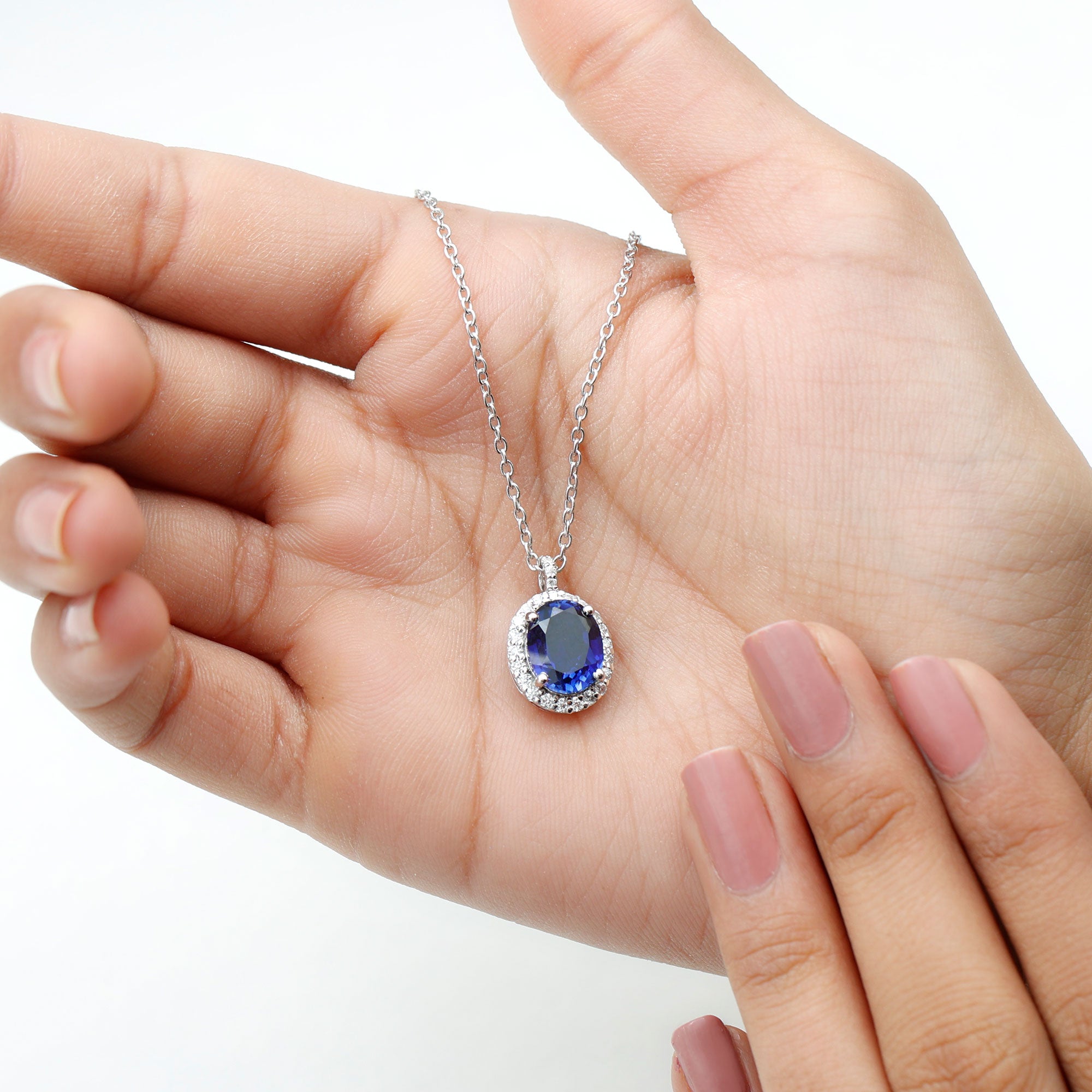 Oval Cut Created Blue Sapphire Silver Halo Pendant with Moissanite - Rosec Jewels