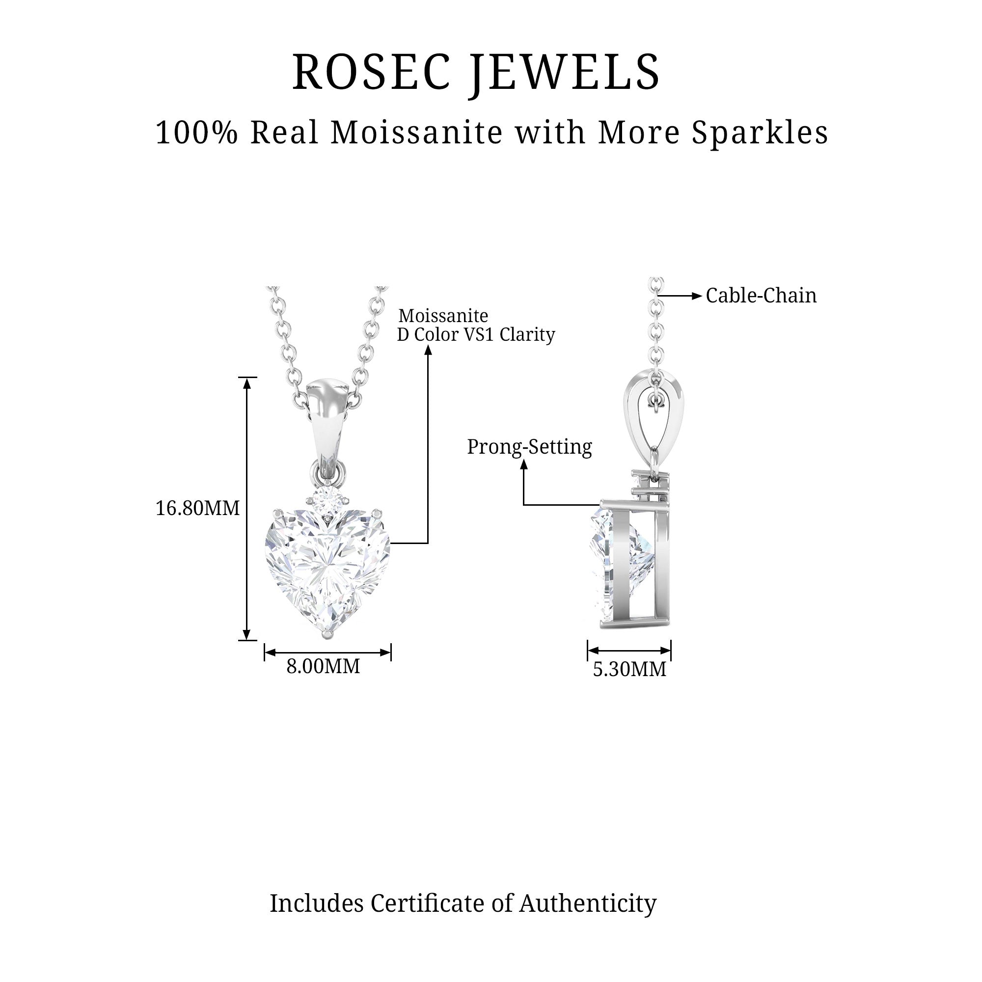 Certified Moissanite Solitaire Heart Pendant Necklace Moissanite - ( D-VS1 ) - Color and Clarity - Rosec Jewels