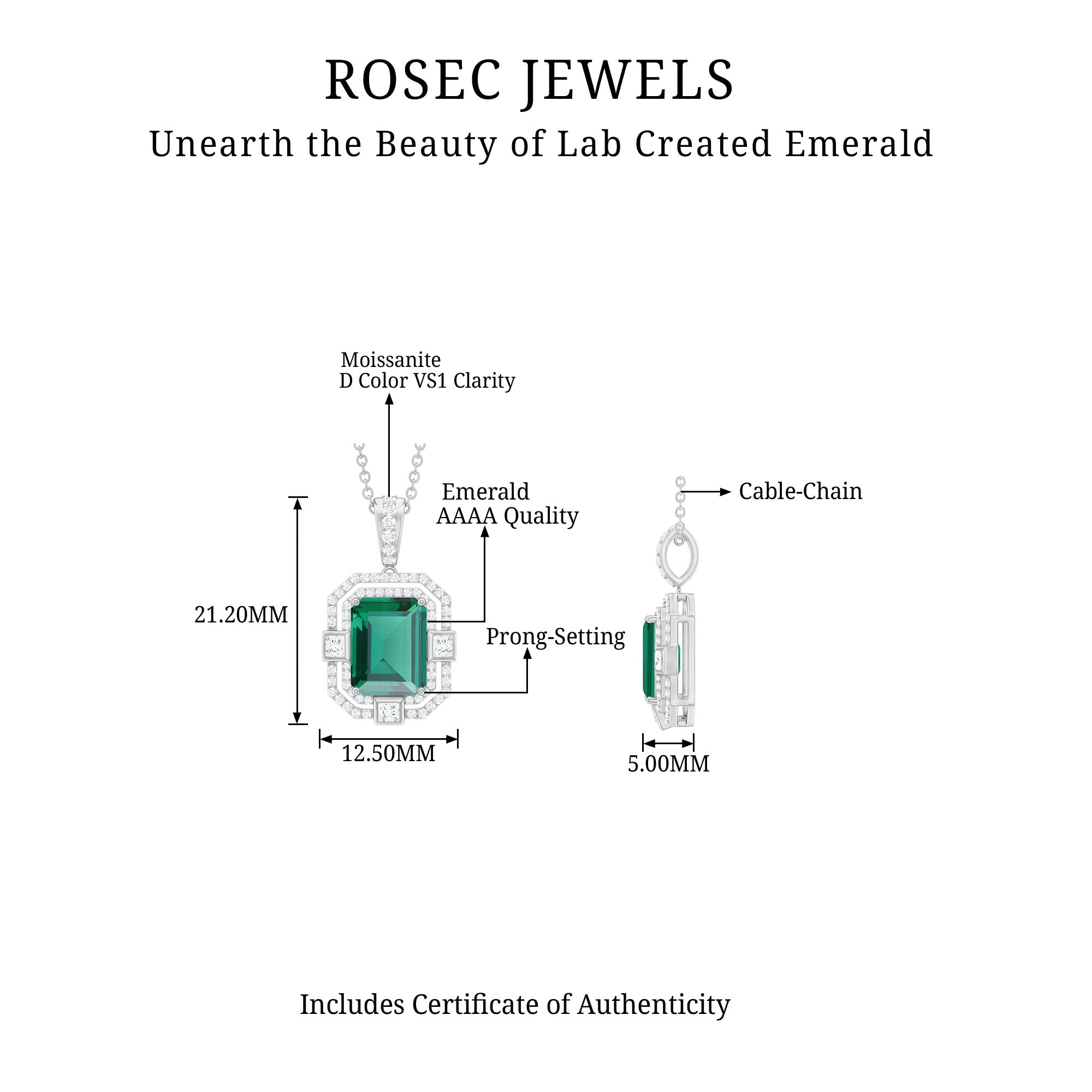 Vintage Inspired Octagon Cut Created Emerald and Moissanite Pendant in Silver - Rosec Jewels