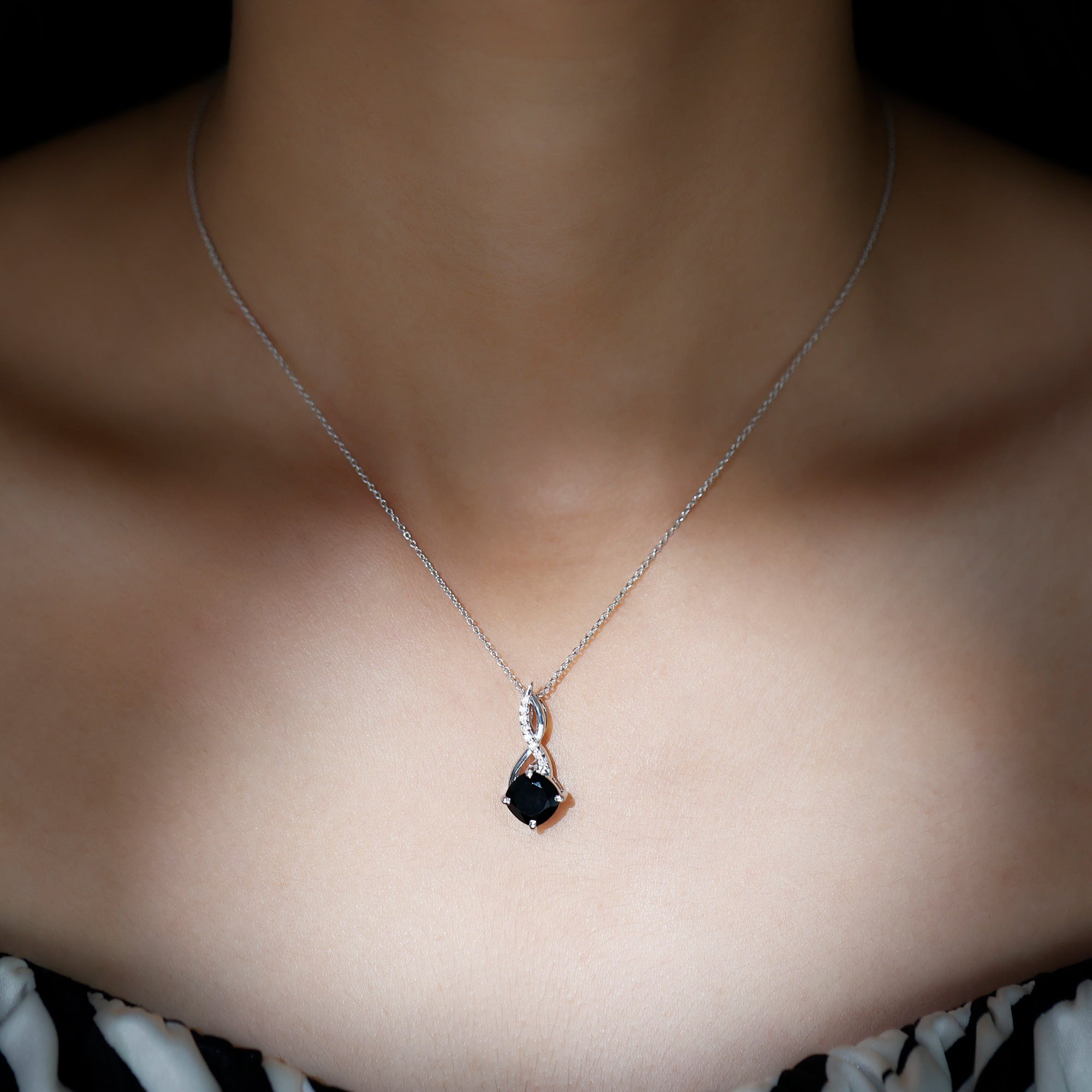 Cushion Cut Black Onyx Solitaire Infinity Pendant with Moissanite Black Onyx - ( AAA ) - Quality - Rosec Jewels