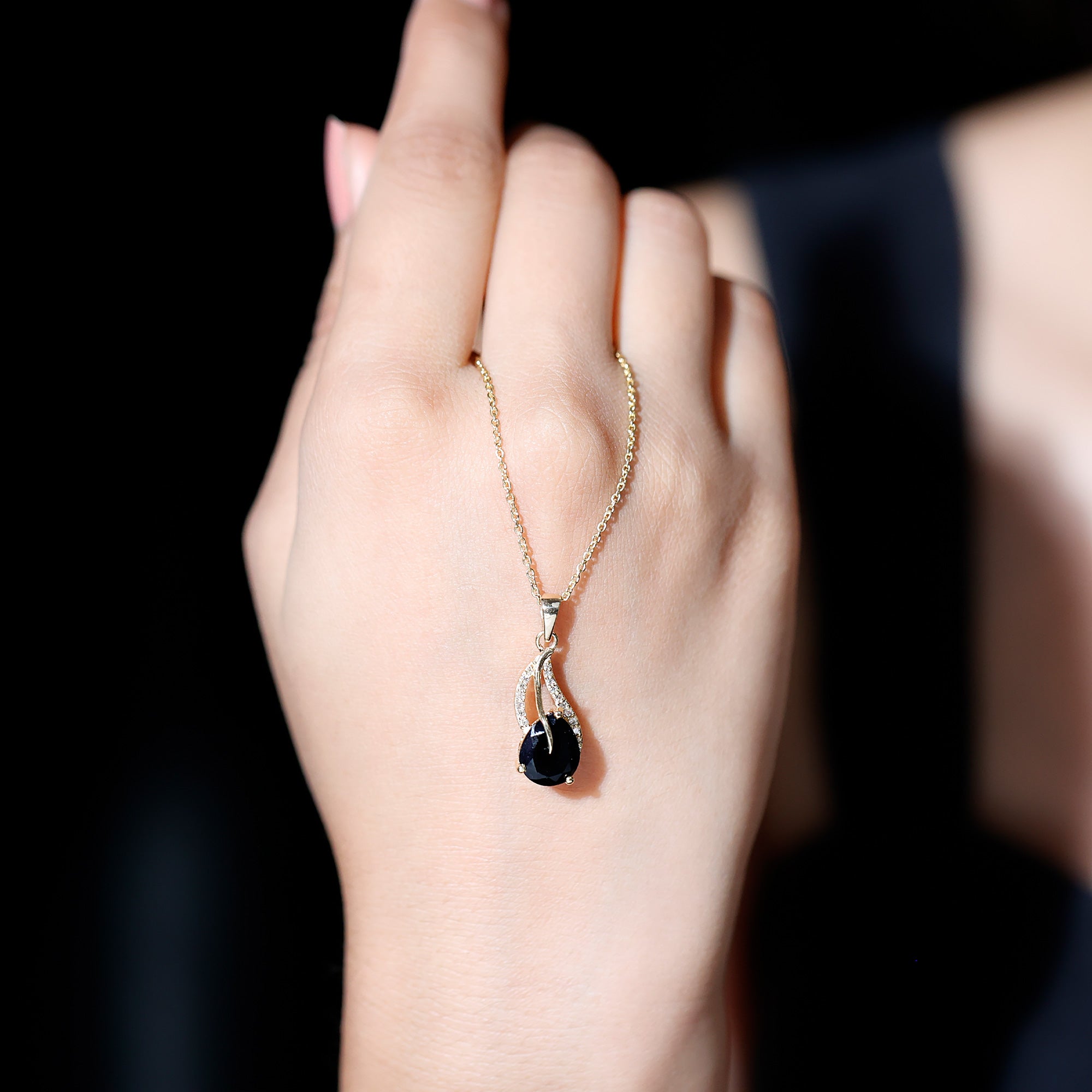 Pear Shaped Black Onyx and Diamond Leaf Pendant Necklace Black Onyx - ( AAA ) - Quality - Rosec Jewels