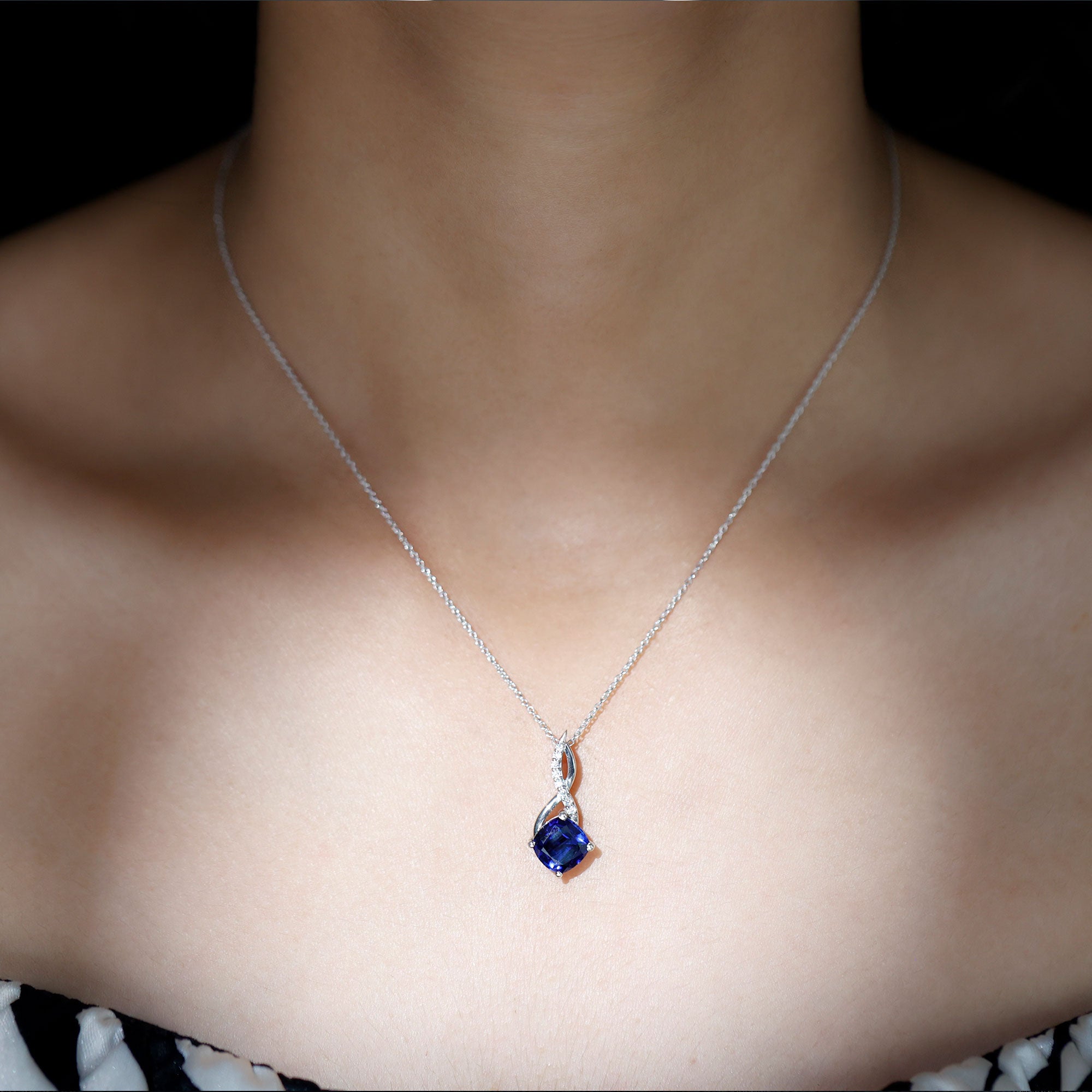 Cushion Cut Created Blue Sapphire Solitaire Silver Infinity Pendant with Moissanite - Rosec Jewels