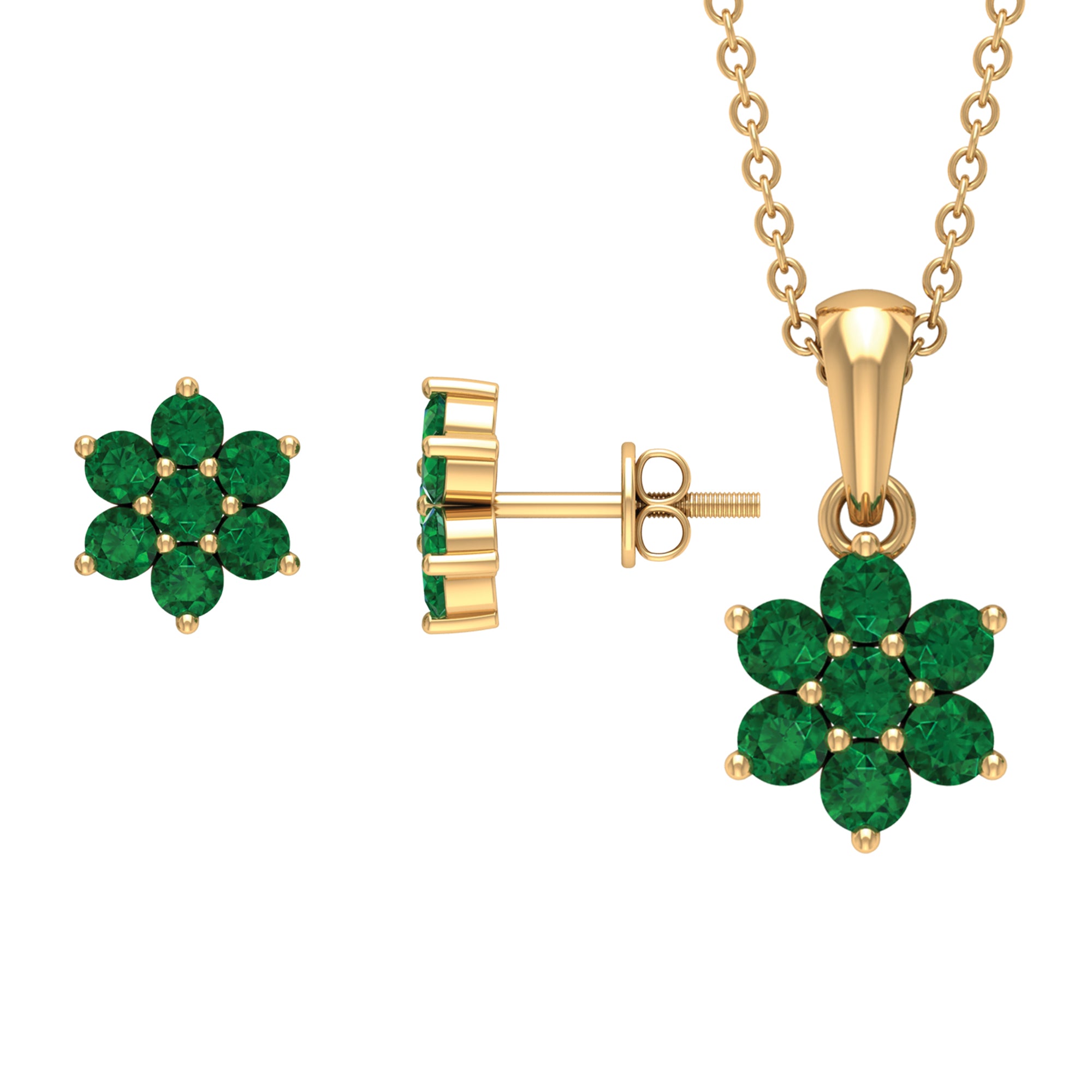 1.25 CT Round Cut Emerald Floral Pendant and Earring Set Emerald - ( AAA ) - Quality - Rosec Jewels